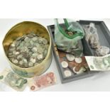 A METAL CASHBOX AND TIN CONTAINING MIXED COINS MANY WITH WATER DAMAGE, to include large amounts