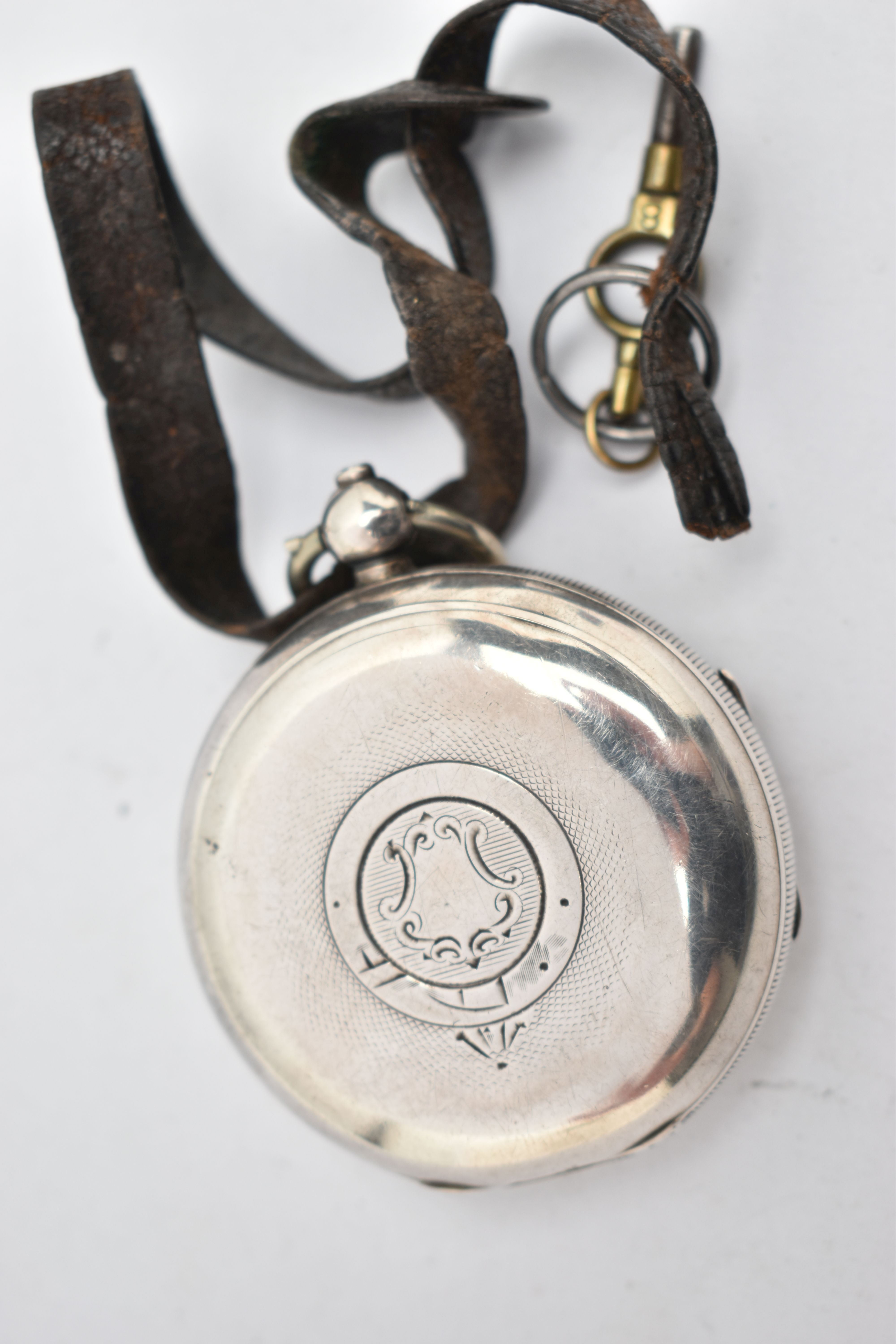 AN EDWARDIAN SILVER OPEN FACE POCKET WATCH, the white face with black Roman numerals, subsidiary - Image 2 of 4
