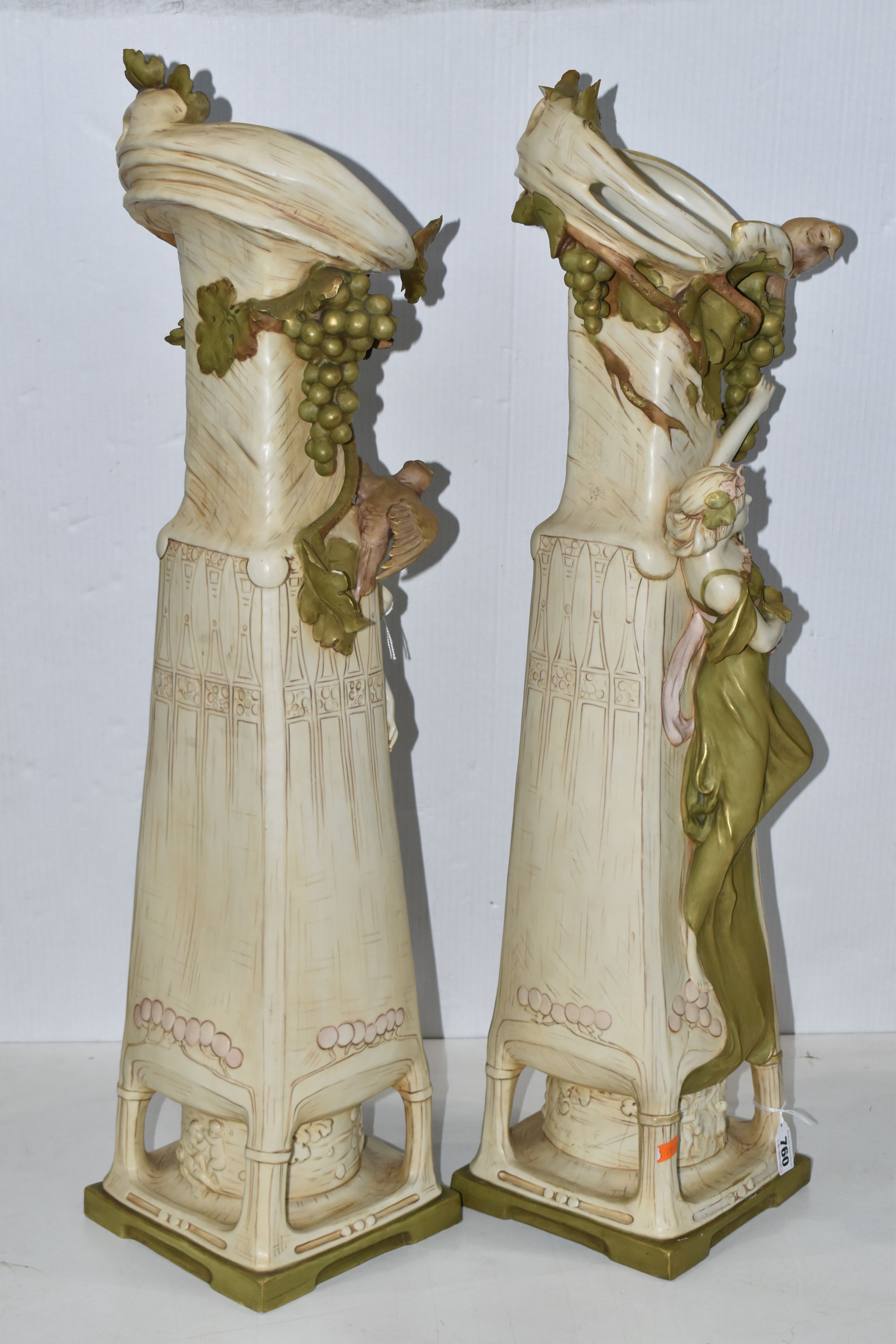 A PAIR OF ROYAL DUX ART NOUVEAU FIGURAL VASES, each modelled with a scrolling neck with fruiting - Image 10 of 21