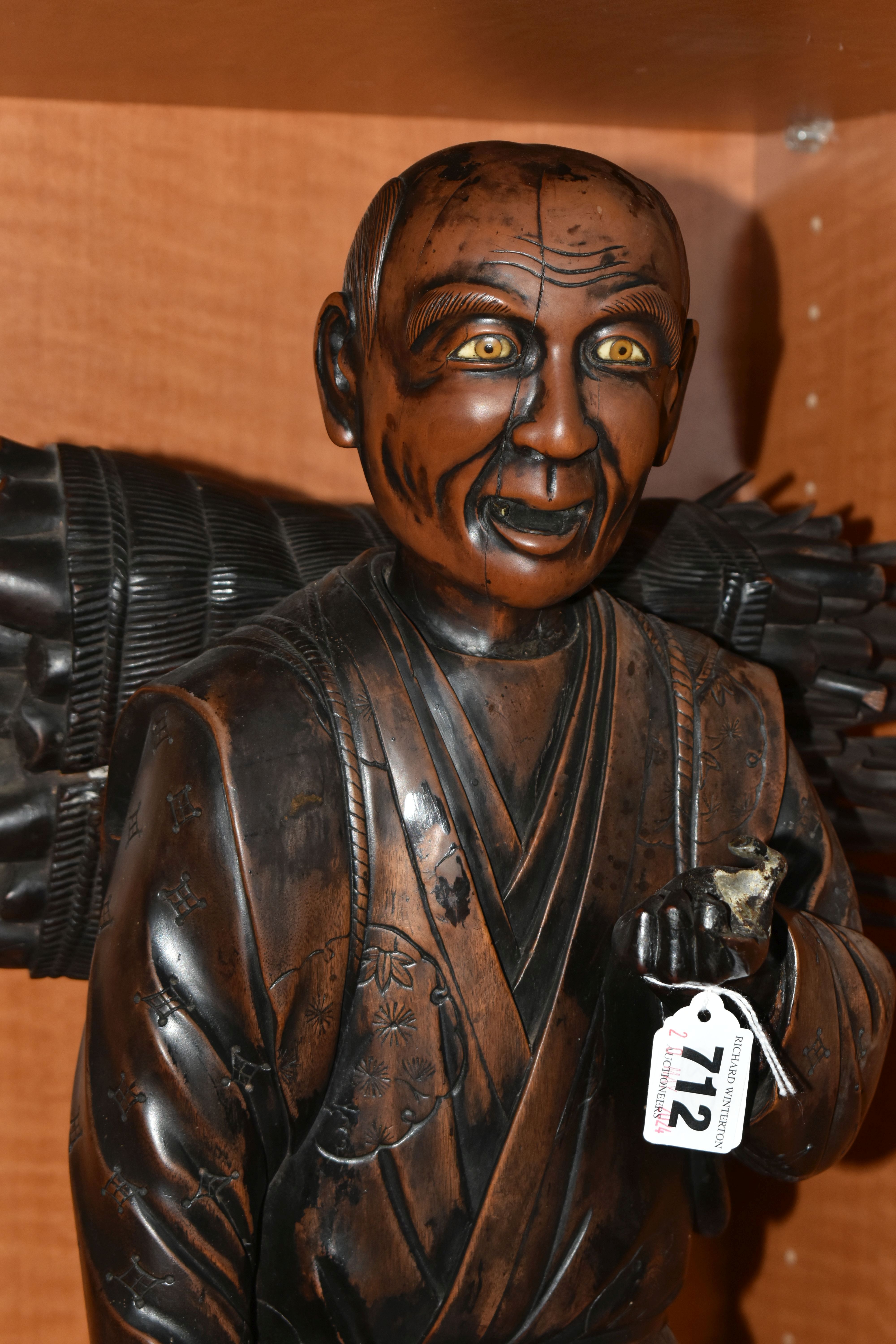 A LATE 19TH / EARLY 20TH CENTURY JAPANESE STAINED TREEN OKIMONO OF A WOODCUTTER, posed with an axe - Image 2 of 16