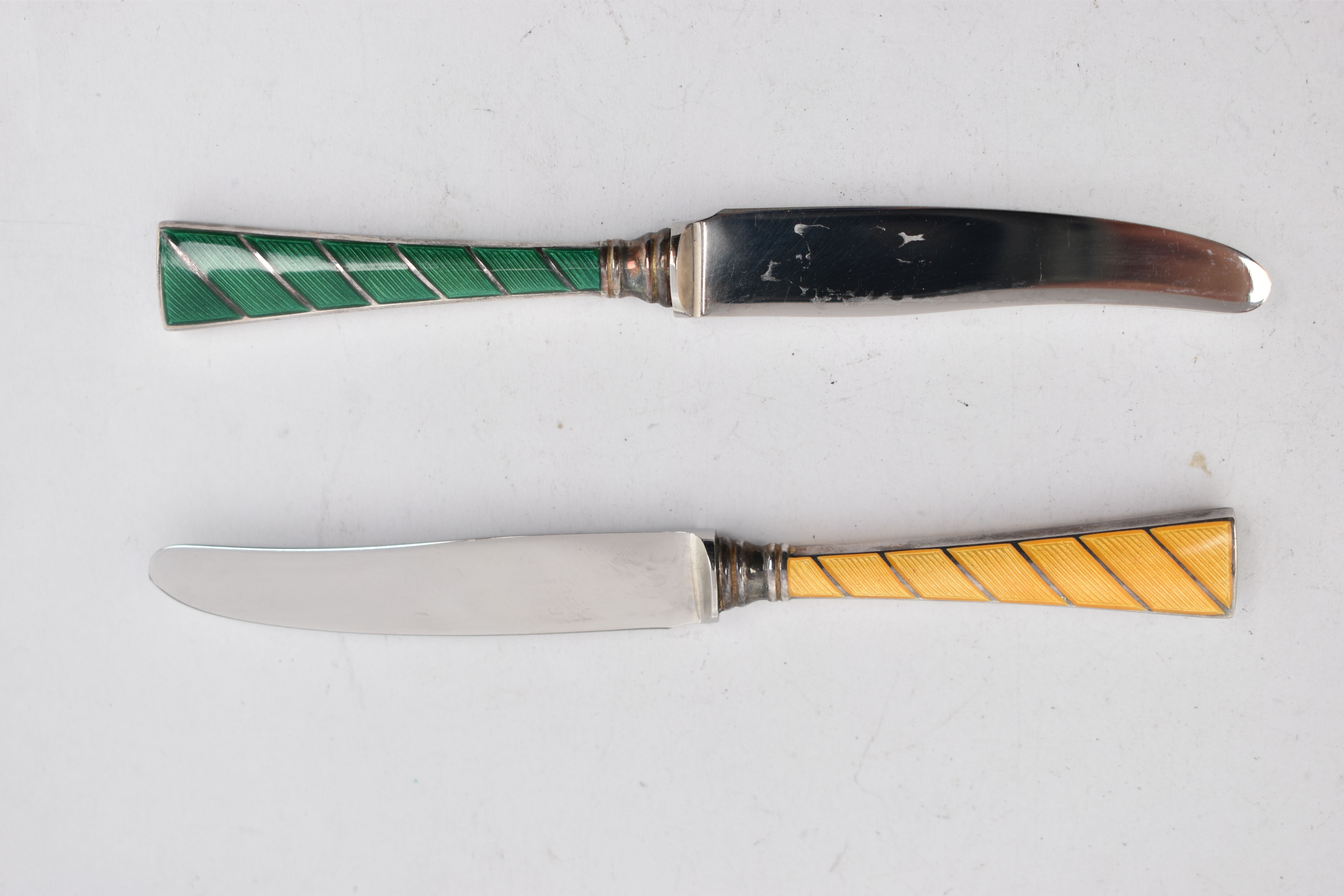 TWO CASED 'RAADVAD' DANISH TEA KNIVES, with guilloche enamel detail, approximate length 116mm, - Image 3 of 3