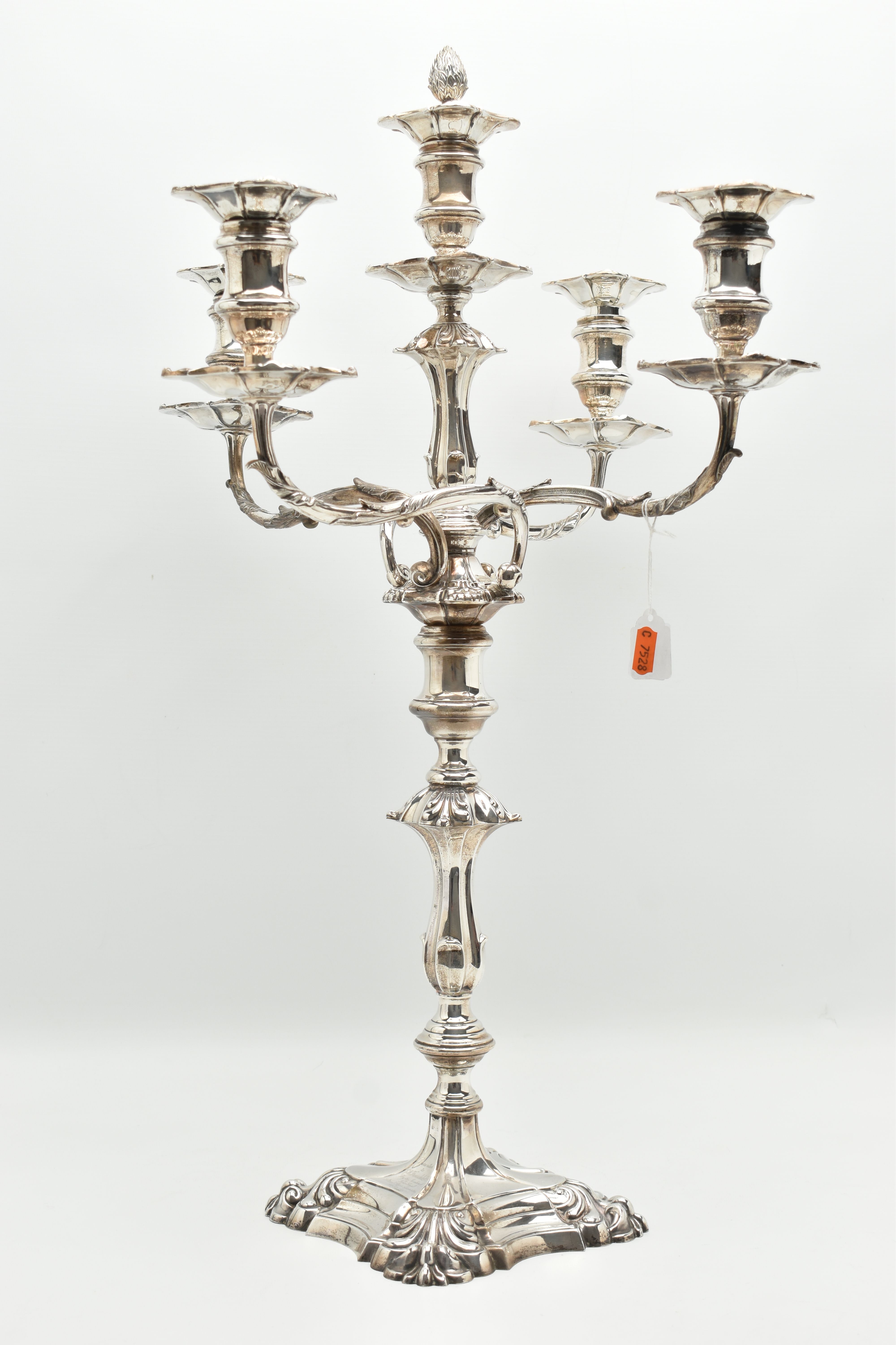 A GEORGE V SILVER FIVE LIGHT CANDELABRUM IN GEORGE II STYLE, with removable shaped square drip pans, - Image 9 of 13