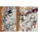 A BOX OF ASSORTED COSTUME JEWELLERY, to include a white metal amethyst ring stamped 925 (split