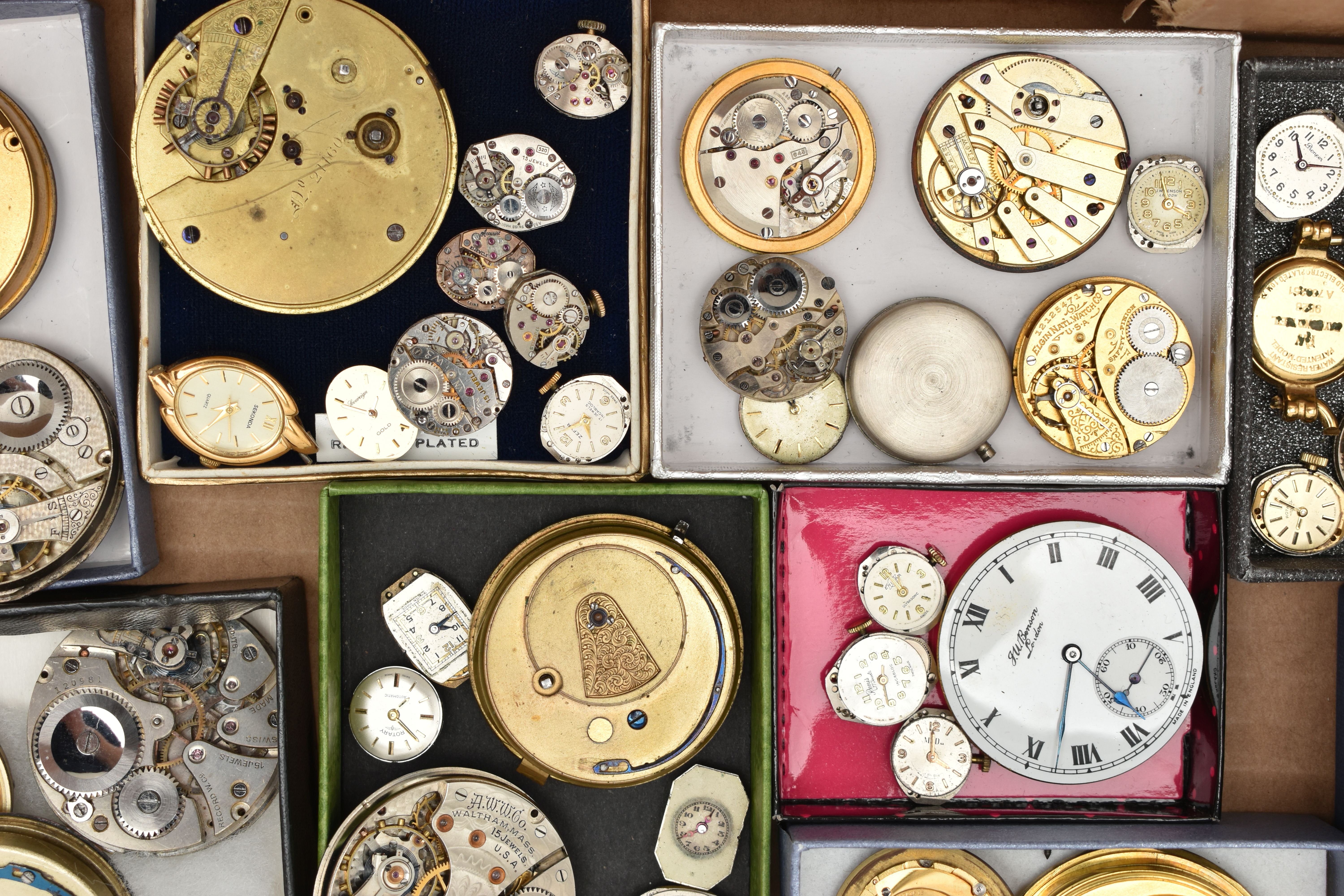 A BOX OF ASSORTED WATCH PARTS, to include a large selection of watch movements, names to include - Image 8 of 11