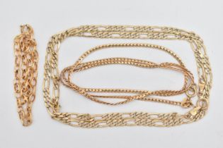 THREE CHAINS, the first a 9ct gold figaro chain necklace, fitted with a spring clasp, approximate