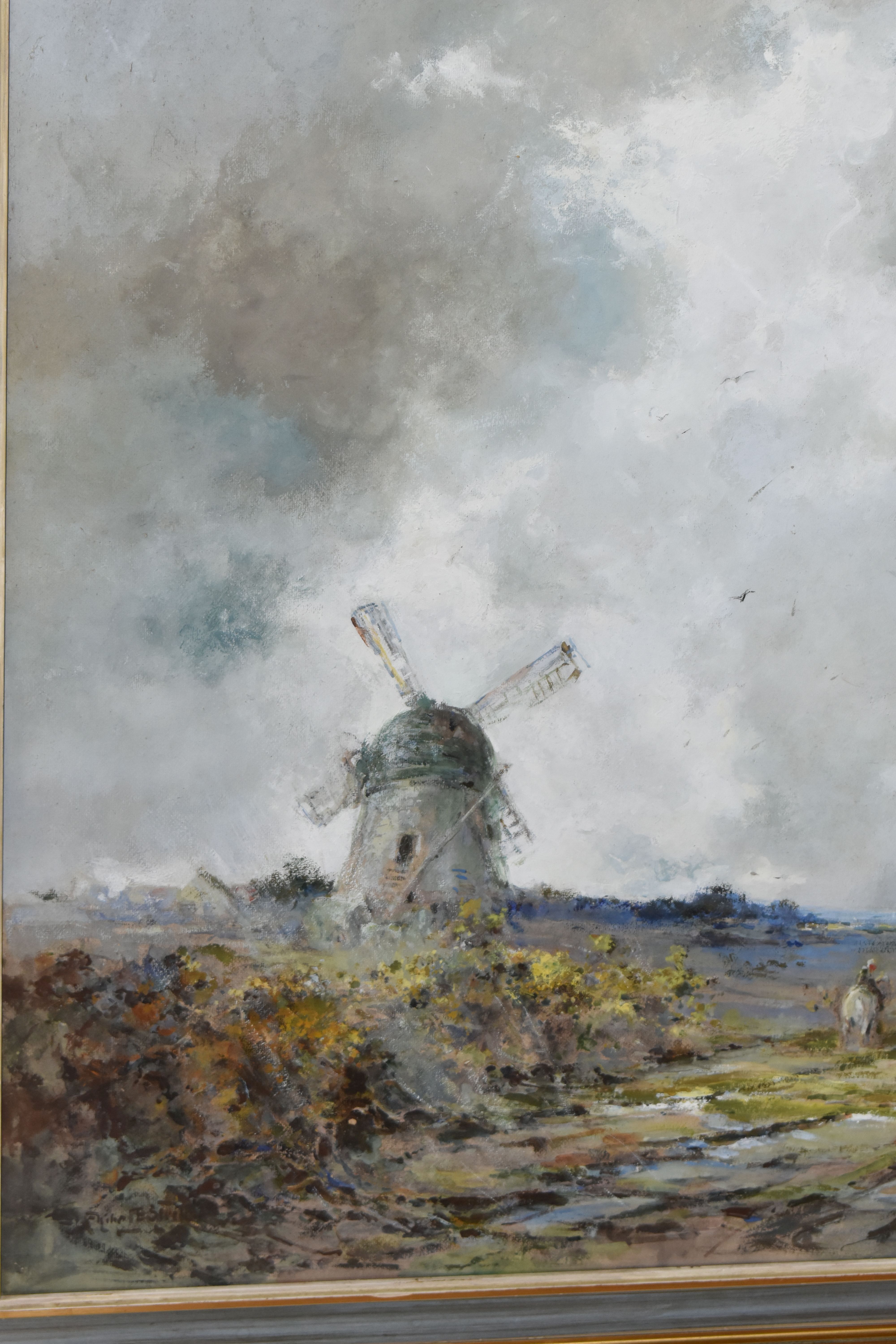 AN EARLY 20TH CENTURY LANDSCAPE WITH WINDMILL, a figure on horseback pass by a windmill in an - Bild 2 aus 4