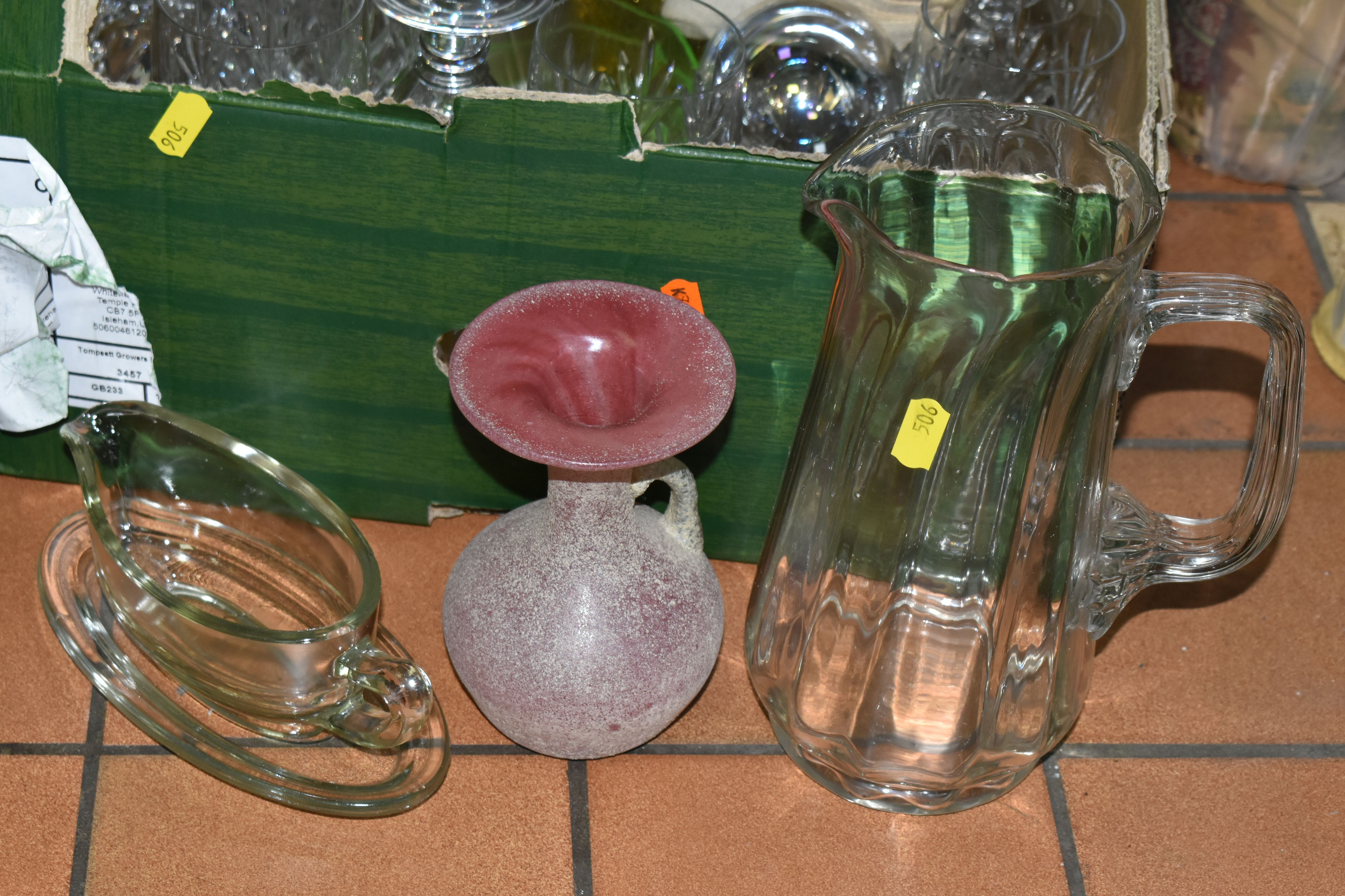 FOUR BOXES AND LOOSE GLASSWARE, to include a claret jug with pewter lid and handle, decorated with - Image 8 of 9