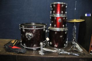 AN OLYMPIC BY PREMIER FOUR PIECE DRUM KIT in metallic red finish comprising of a 22in x 16in Kick