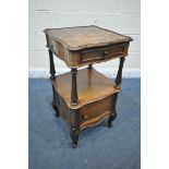 A VICTORIAN STYLE ROSEWOOD VENEER SERPENTINE LAMP TABLE, with a marquetry inlaid top, single drawer,