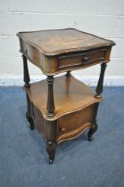A VICTORIAN STYLE ROSEWOOD VENEER SERPENTINE LAMP TABLE, with a marquetry inlaid top, single drawer,