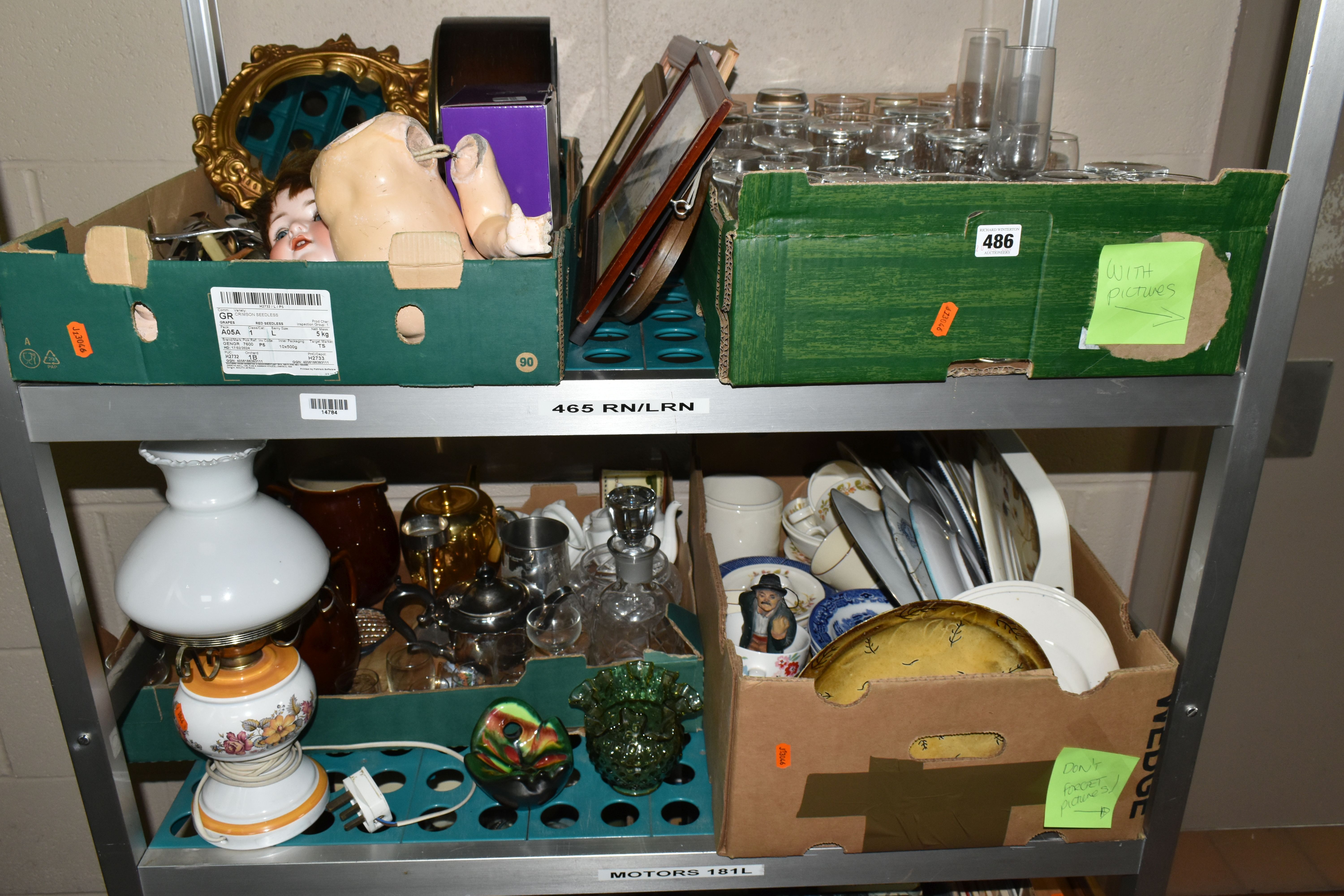 FOUR BOXES AND LOOSE GLASSWARE AND CERAMICS, to include a Fenton green hobnail double crimp vase,