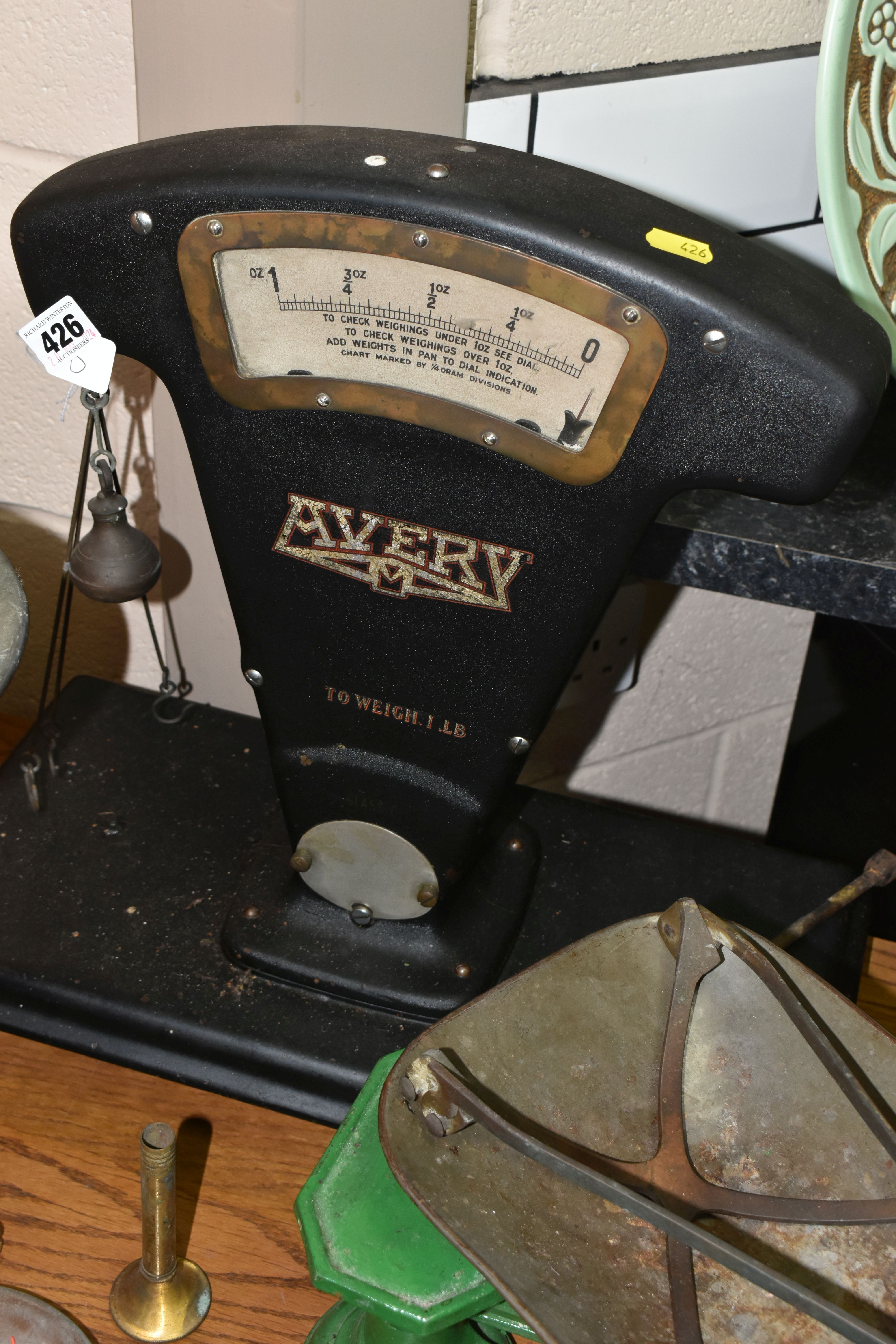 A COLLECTION OF SCALES, MEASURING EQUIPMENT, WEIGHTS, ETC, to include a large Avery Tobacco Scale, - Image 6 of 8