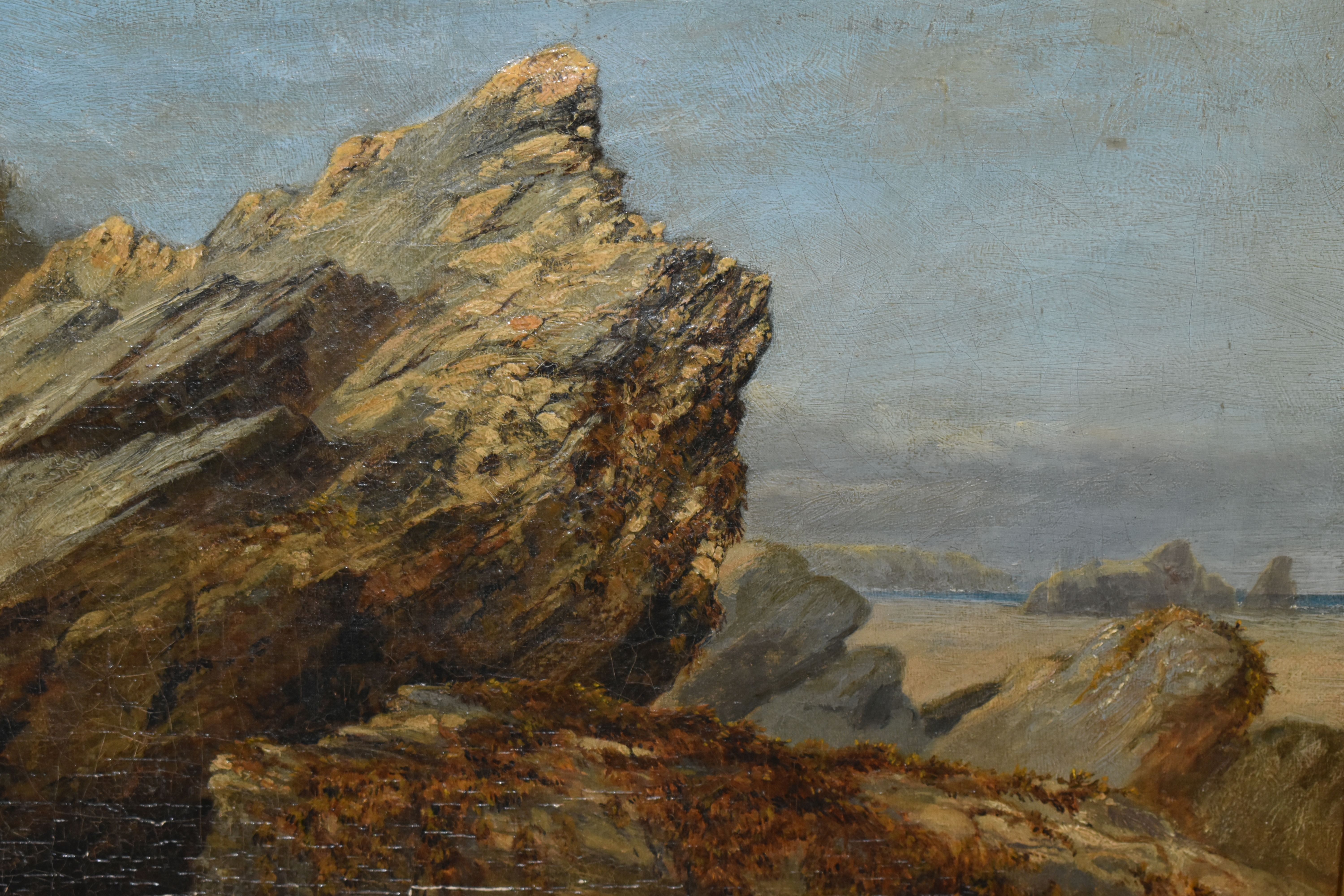 W. COLLINS (19TH CENTURY) A ROCKY COASTAL LANDSCAPE WITH FIGURES, a young male and female figures - Image 3 of 5