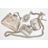 TWO SILVER VESTA CASES, A COIN PURSE AND AN ALBERT CHAIN, two rectangular vesta cases both with