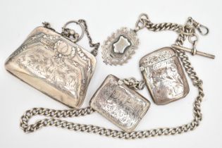 TWO SILVER VESTA CASES, A COIN PURSE AND AN ALBERT CHAIN, two rectangular vesta cases both with