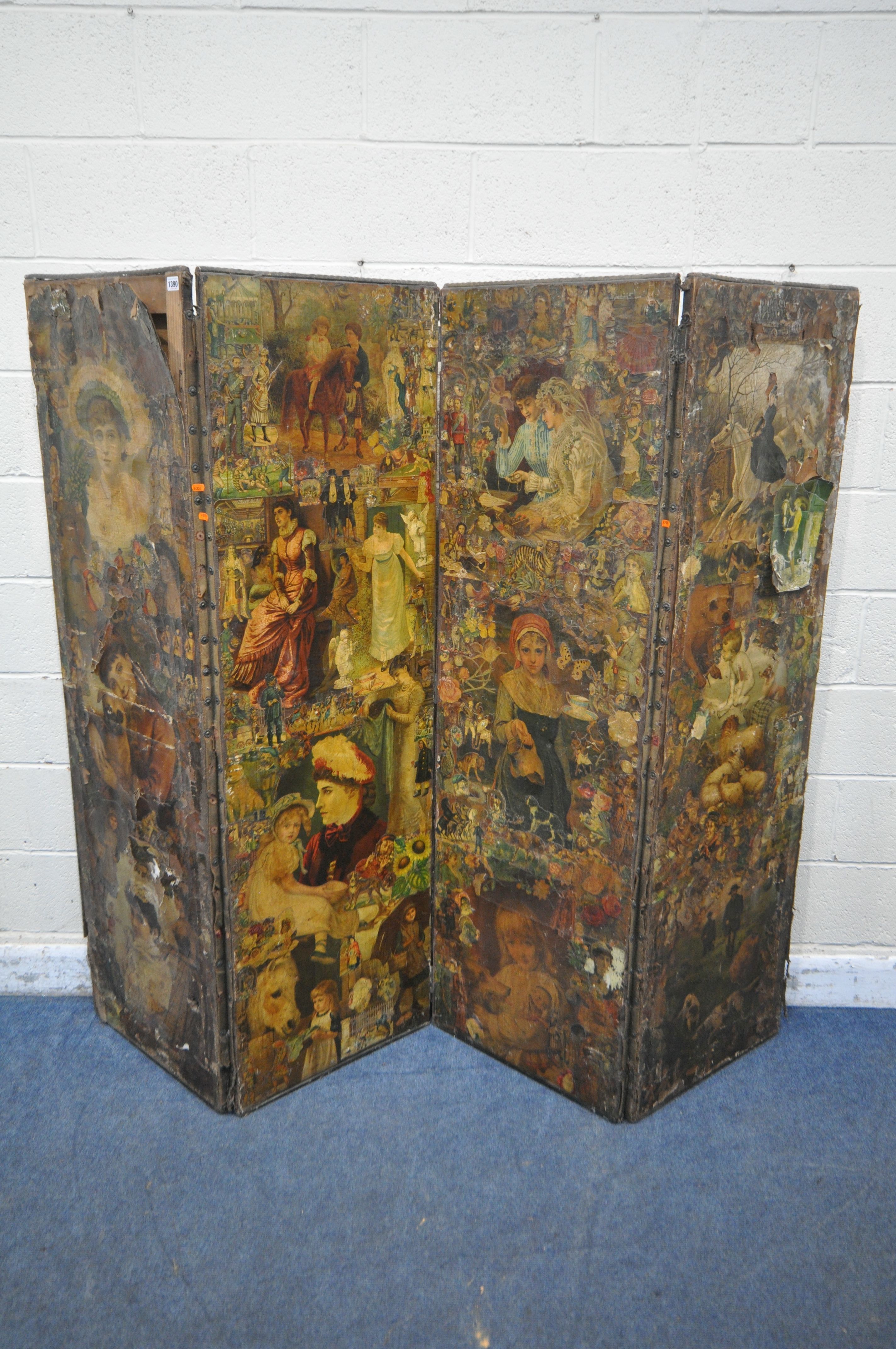 A VICTORIAN DECOUPAGE FOUR PANEL FLOOR SCREEN, overall length 213cm x each panel width 53cm x height