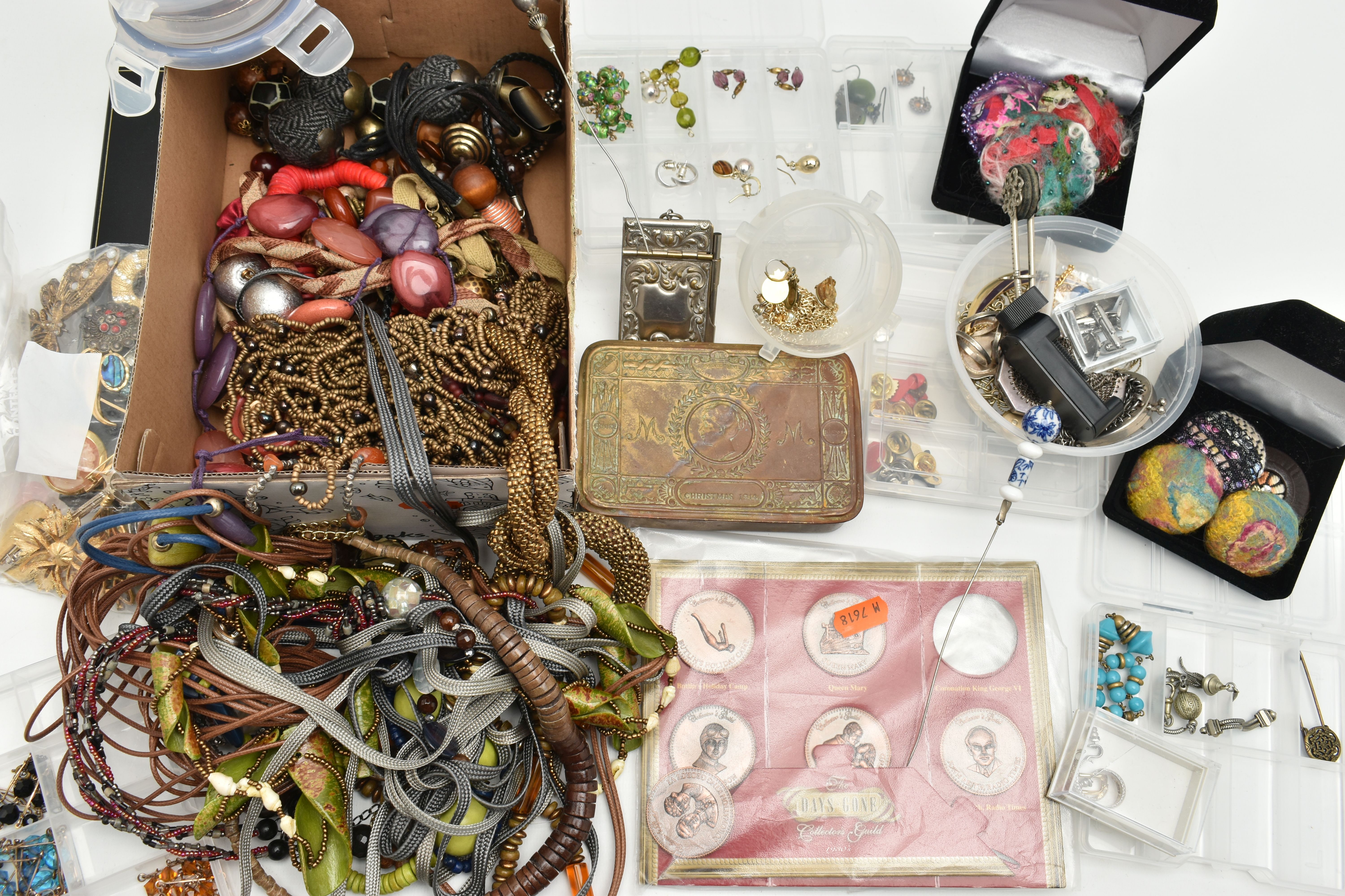 A BOX OF ASSORTED ITEMS, to include costume beaded necklaces, six small storage boxes with costume