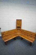 A PINE CORNER BENCH, with a later corner unit to the corner, length 155cm x depth of seat 45cm x