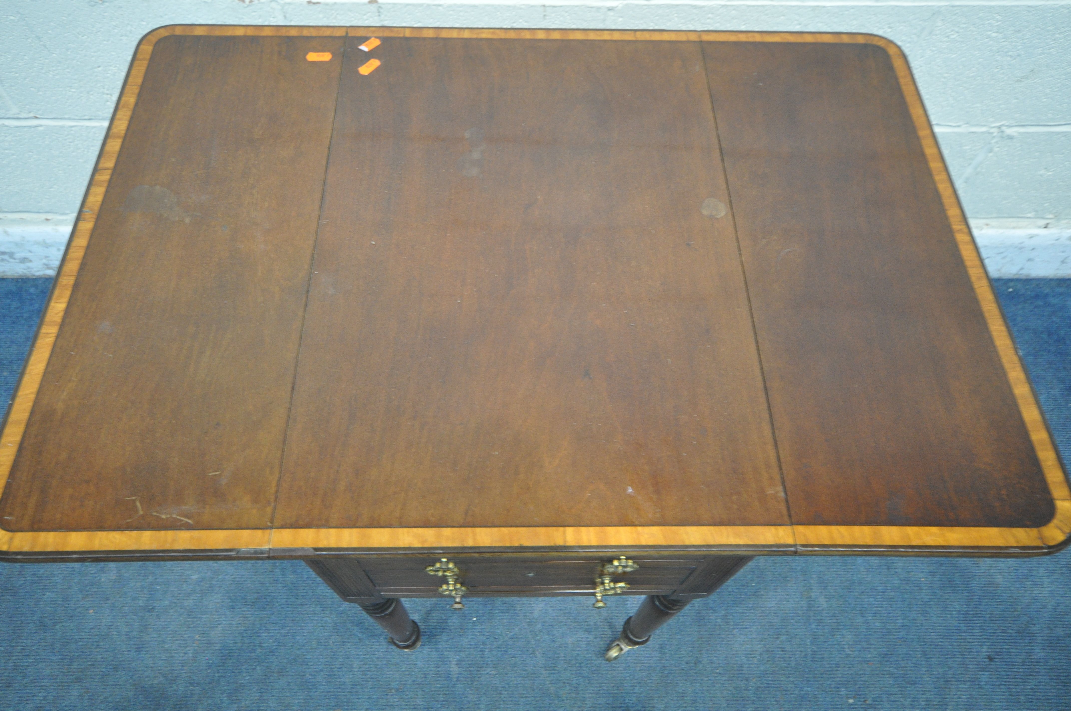 AN EDWARDIAN MAHOGANY AND CROSSBANDED DROP LEAF WORK TABLE, with two drawers, and slide, open - Image 3 of 3