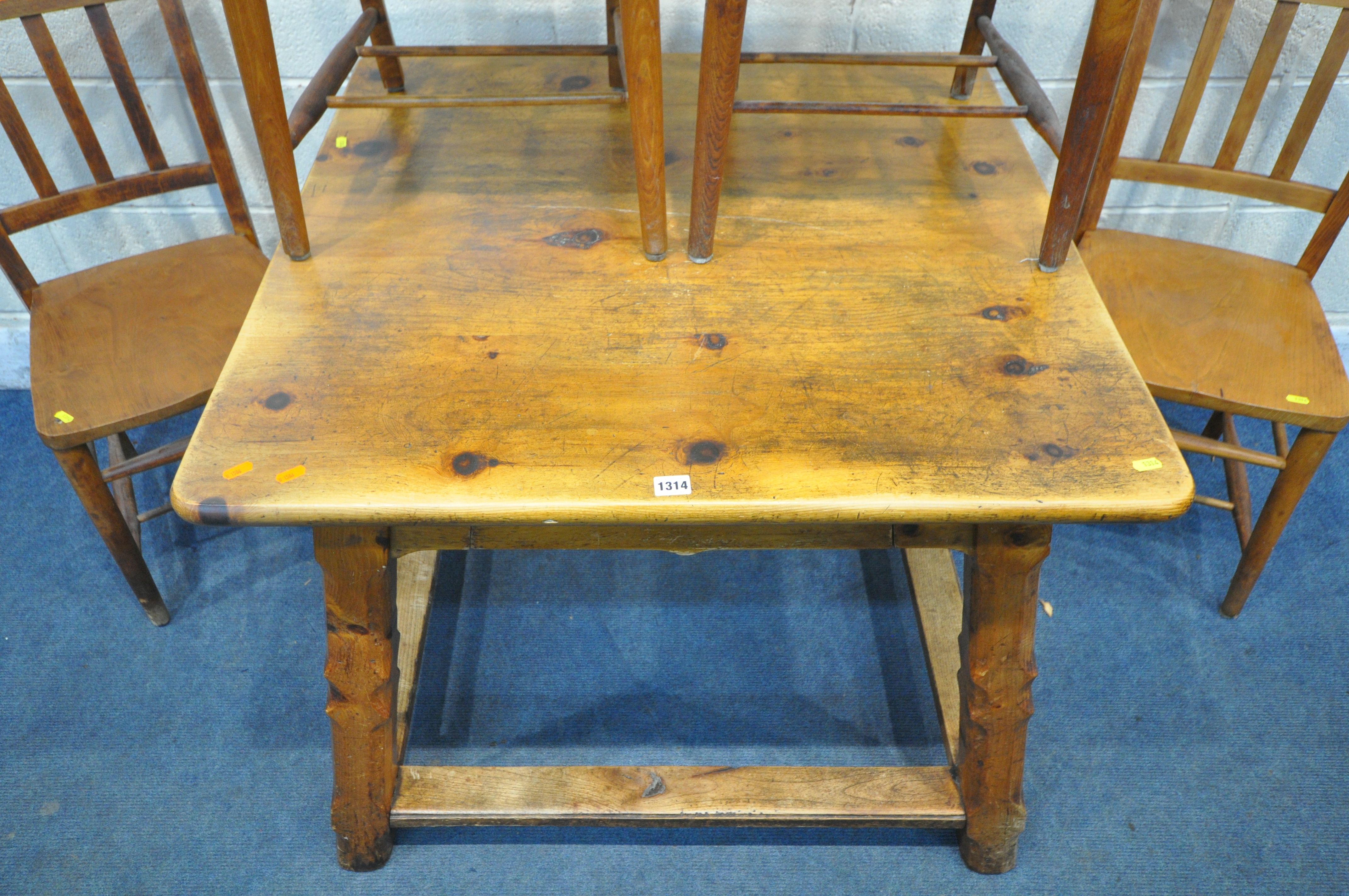 A SQUARE PINE KITCHEN TABLE, with a single drawer, on square chamfered legs, united by a cross - Image 3 of 4