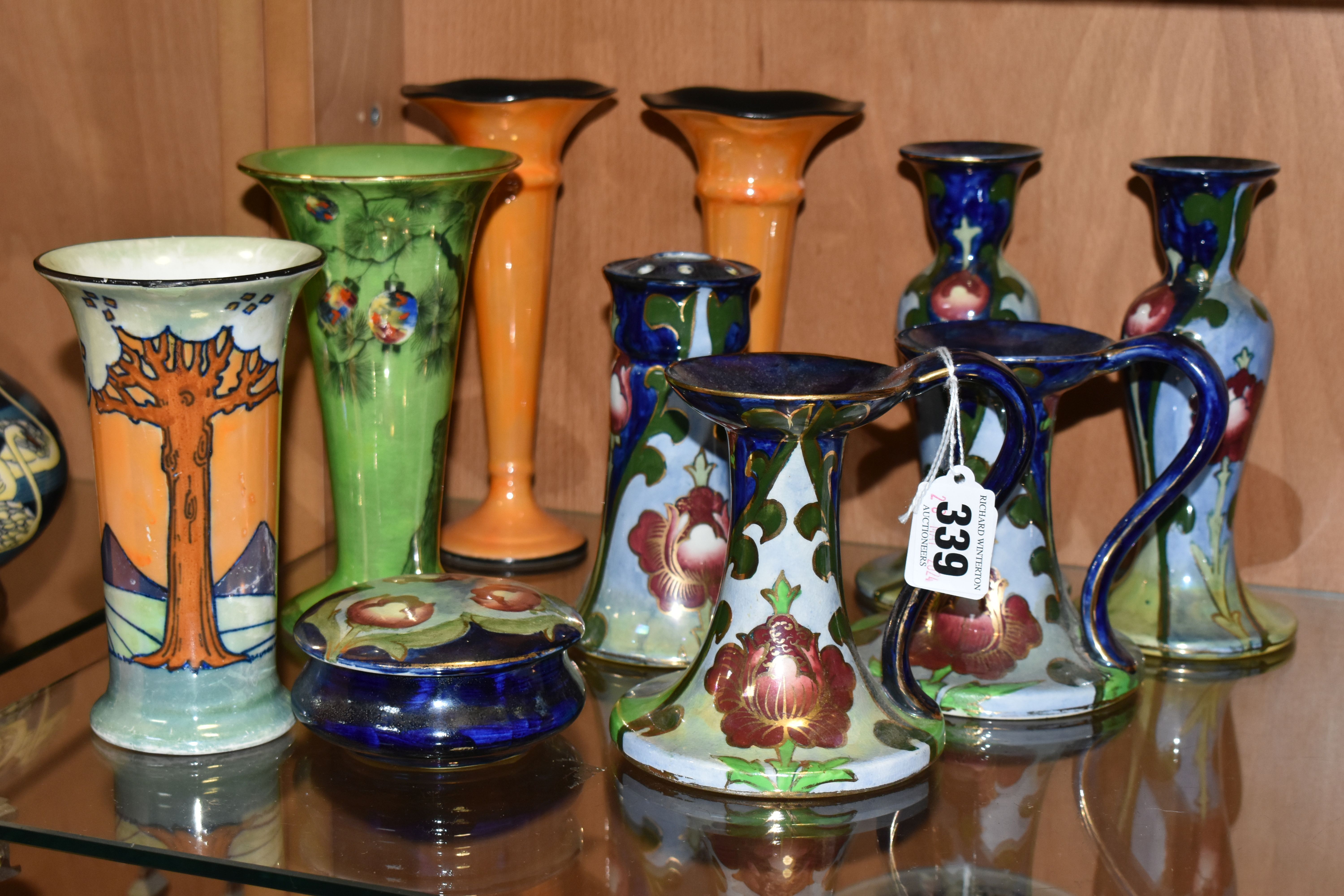 A GROUP OF LUSTRE WARE VASES, ETC, to include a Burleigh Ware Charlotte Rhead vase decorated with