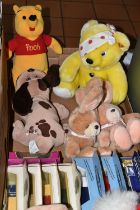 A QUANTITY OF MODERN SOFT TOYS AND BOXED DIECAST VEHICLES, soft toys include Pudsey Bear, Pooh Bear,