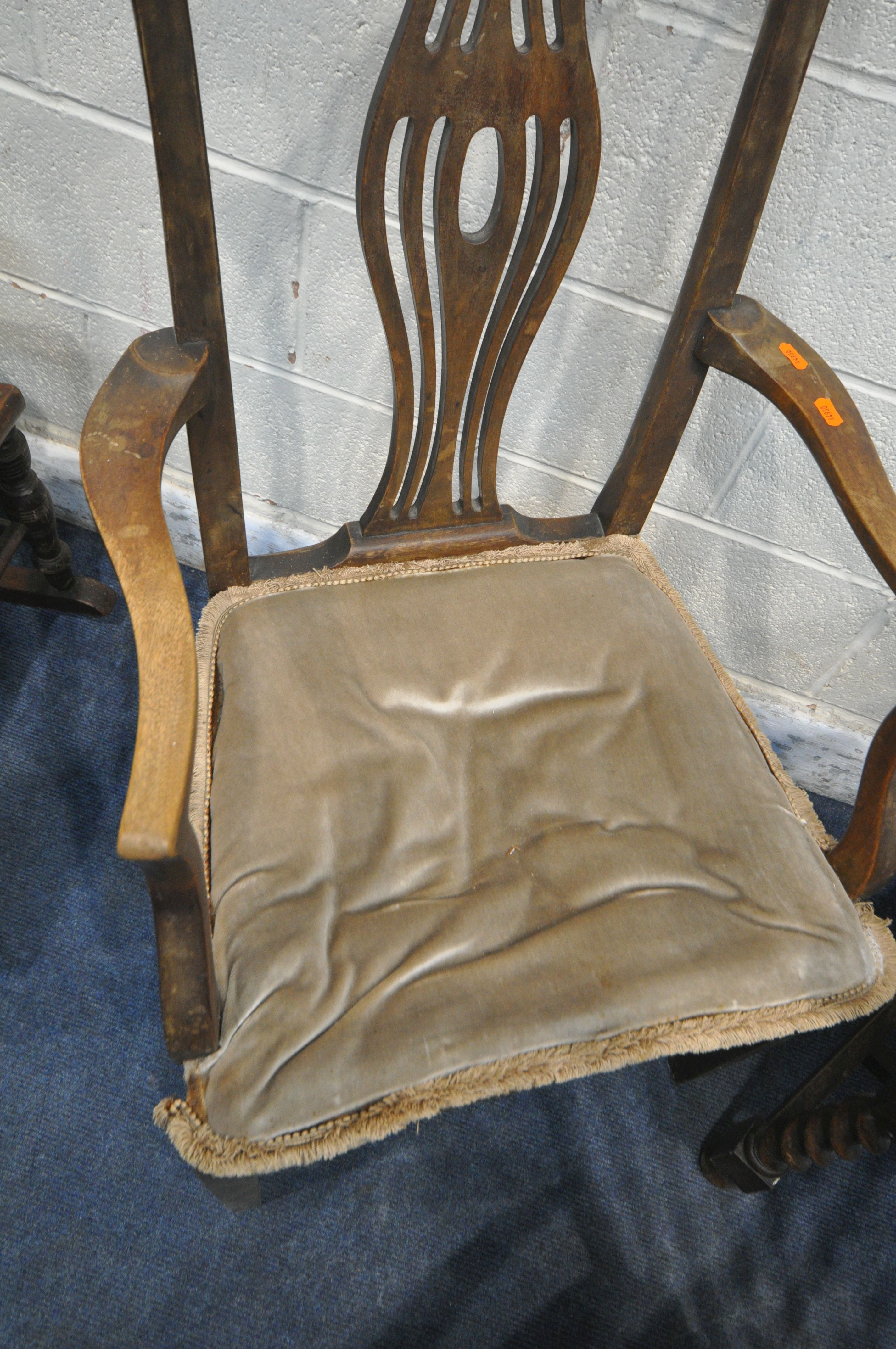 AN EDWARDIAN MAHOGANY BERGÈRE BACK ROCKING CHAIR, along with an oak open armchair, another - Image 4 of 4