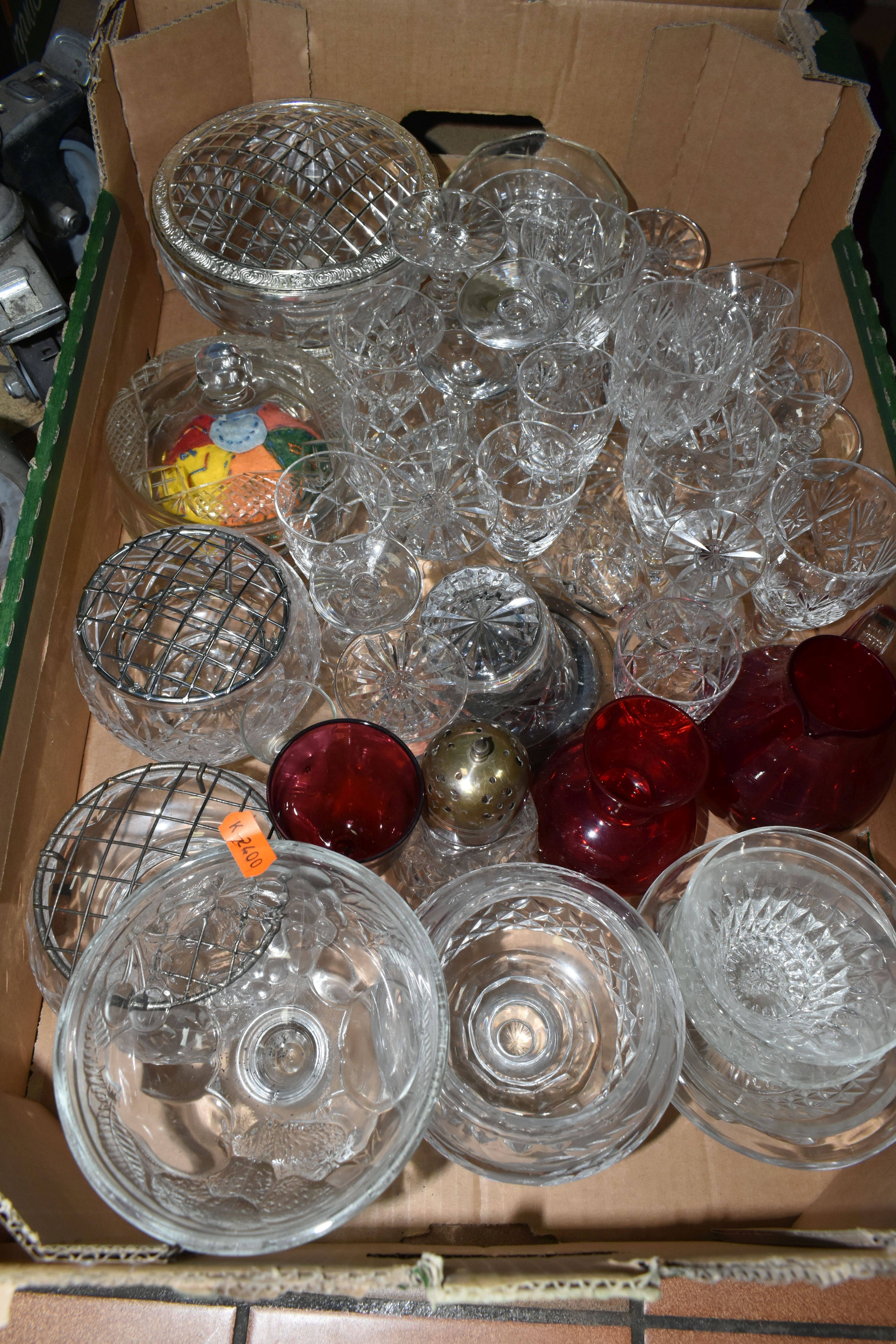 FOUR BOXES AND LOOSE GLASSWARE, to include a claret jug with pewter lid and handle, decorated with - Image 6 of 9