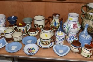 A COLLECTION OF NAMED CERAMICS, comprising two Art Pottery chamber sticks, six pieces of Wedgwood