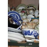 TWO BOXES OF CERAMICS, to include a twenty two piece Willow pattern part dinner service by Alfred