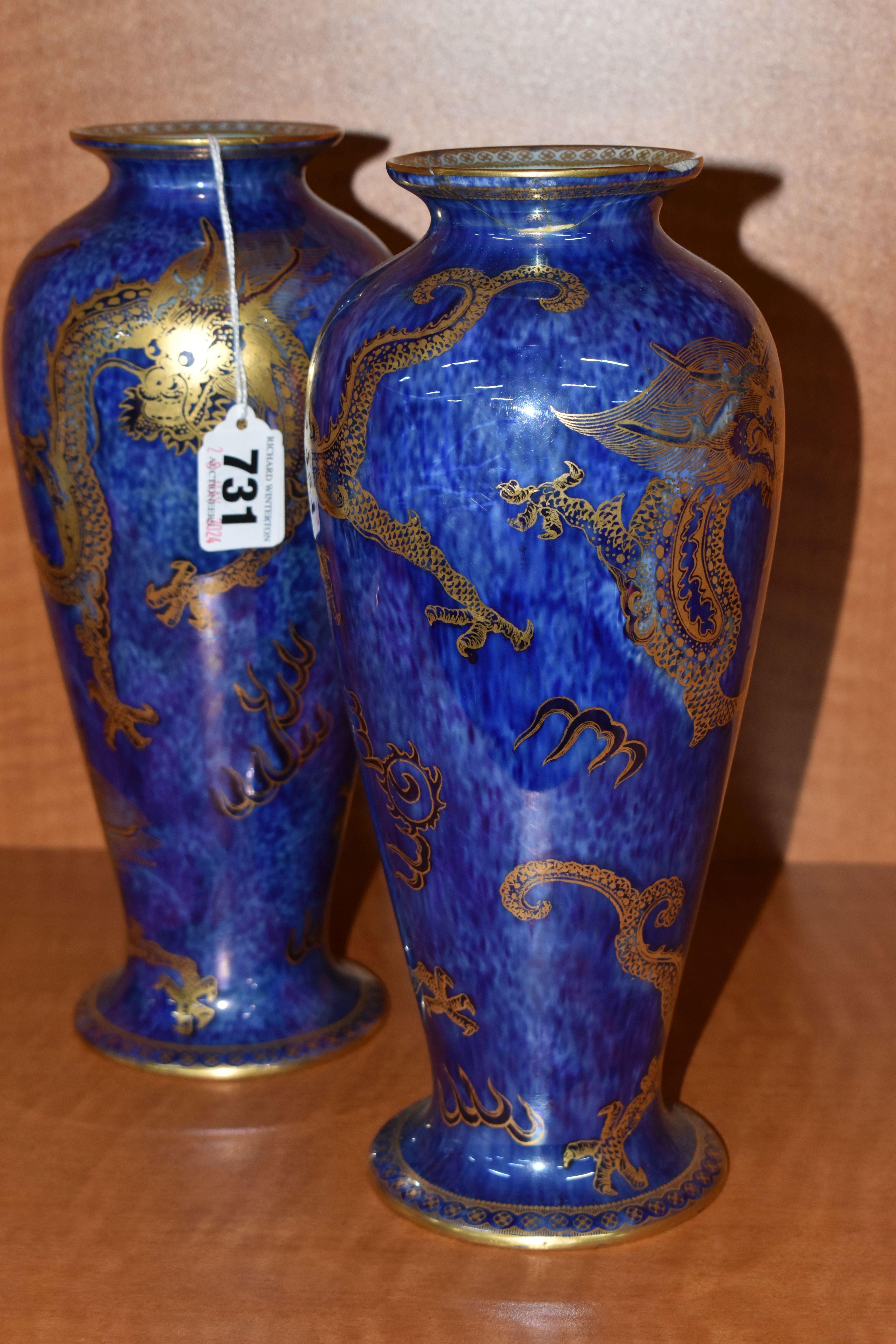 A PAIR OF WEDGWOOD DRAGON LUSTRE BALUSTER VASES, pattern Z4829, the exterior with mottled blue - Image 2 of 7