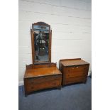 AN EARLY 20TH CENTURY OAK CHEST OF THREE LONG DRAWERS, width 91cm x depth 47cm x height 83cm,