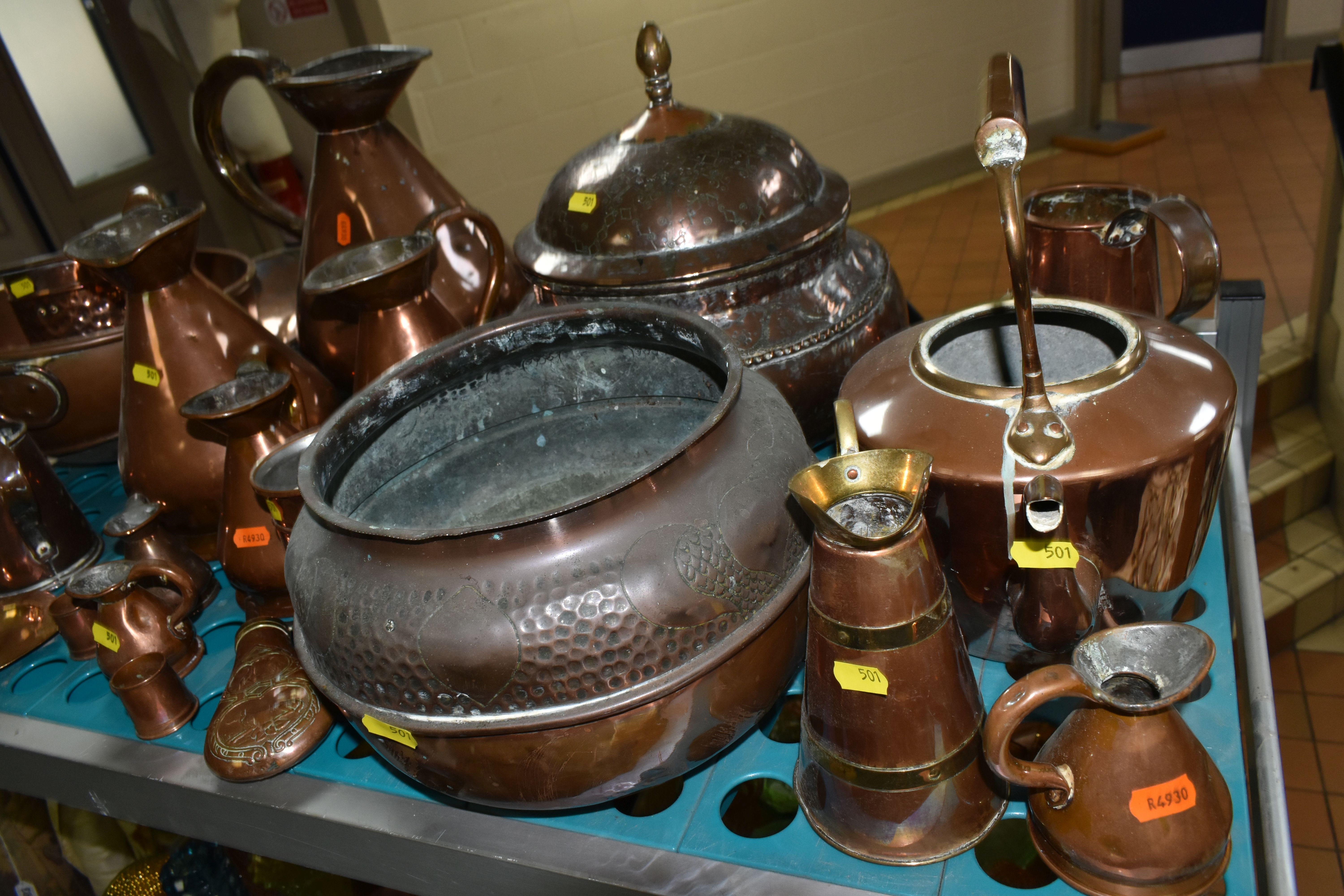 A VARIETY OF COPPERWARE, comprising a selection of measuring vessels, tankards, an 'arts and crafts' - Image 3 of 5