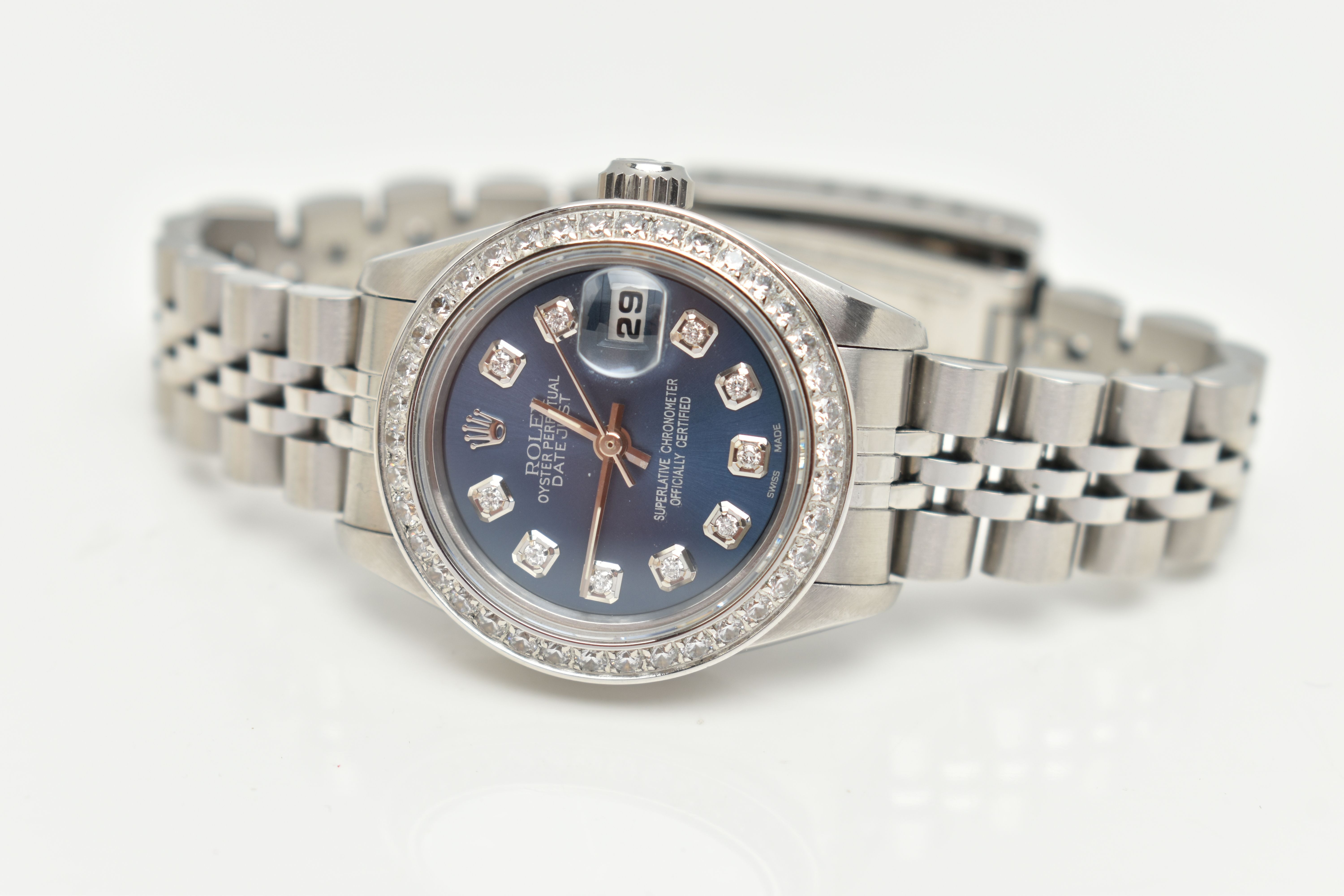 A LADIES BOXED 'ROLEX OYSTER PERPETUAL DATEJUST' WRISTWATCH, manual wind, round blue dial signed ' - Image 4 of 10