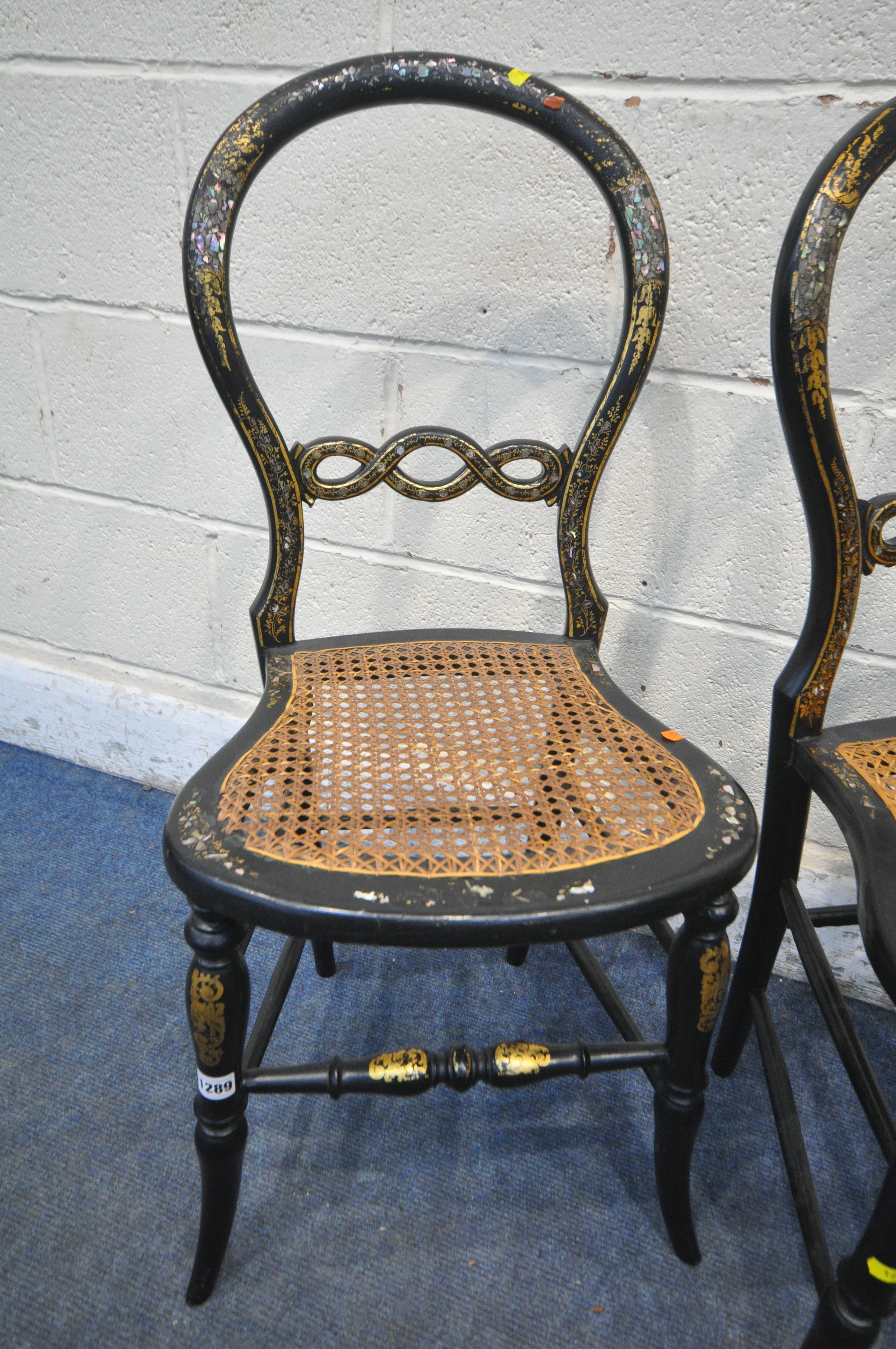 A SET OF FOUR VICTORIAN EBONISED AND MOTHER OF PEARL CHAIRS (condition report: bergère seat torn - Image 3 of 4