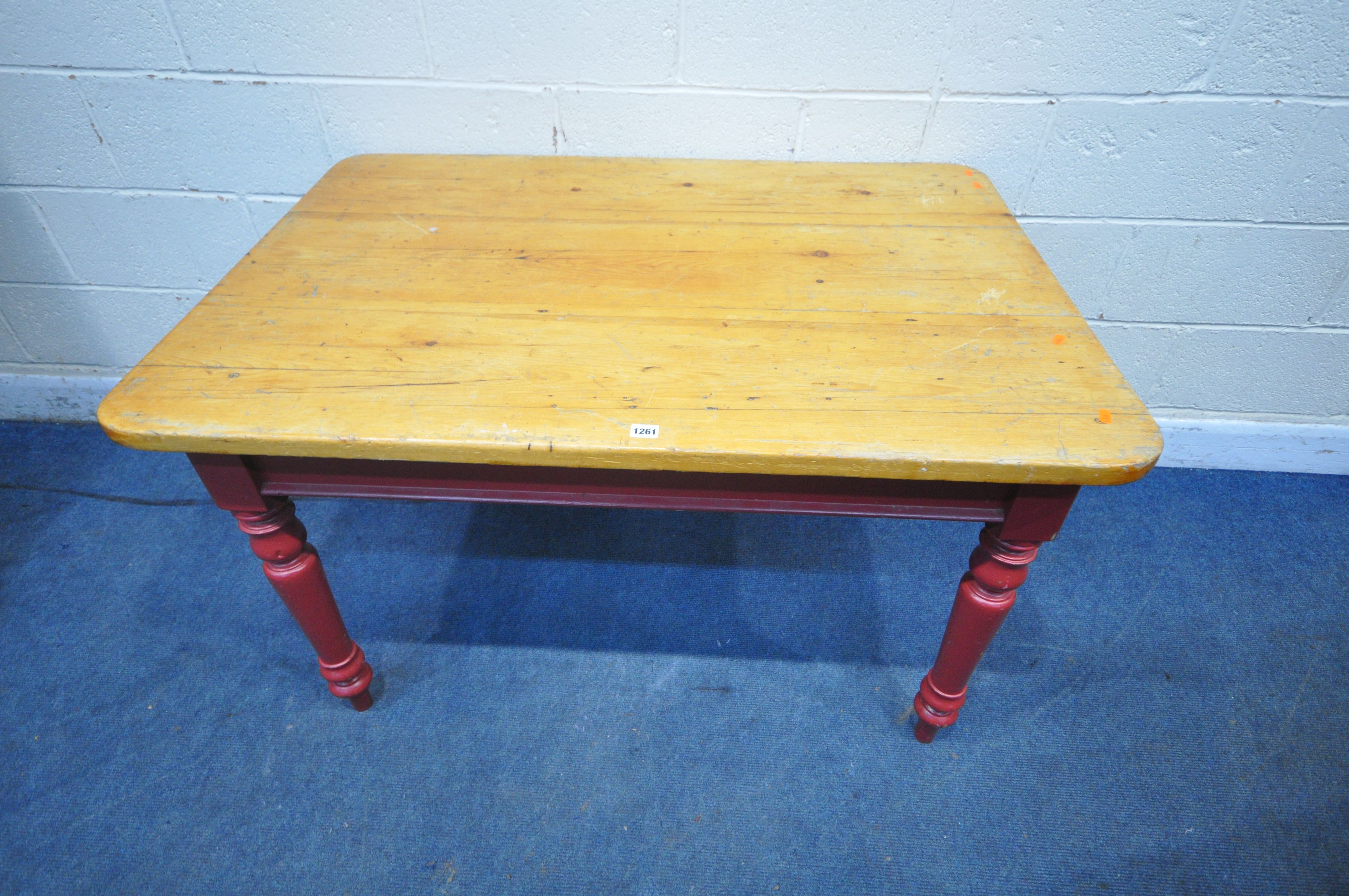 A PARTIALLY PAINTED VICTORIAN PINE KITCHEN TABLE, width 121cm x depth 83cm x height 72cm