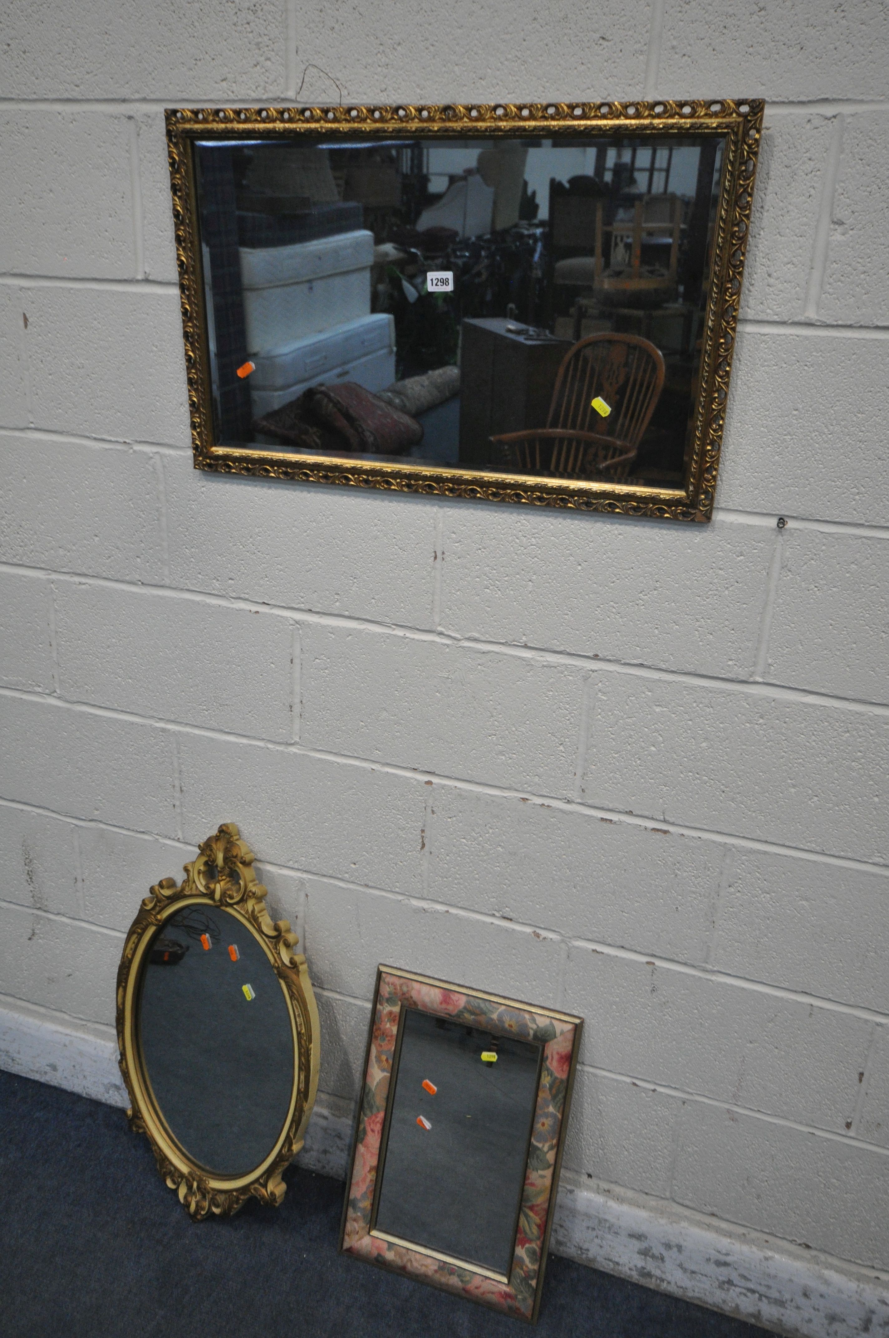 A MODERN FRENCH CREAM AND GILT WALL MIRROR, along with a gilt framed mirror and another mirror (3)