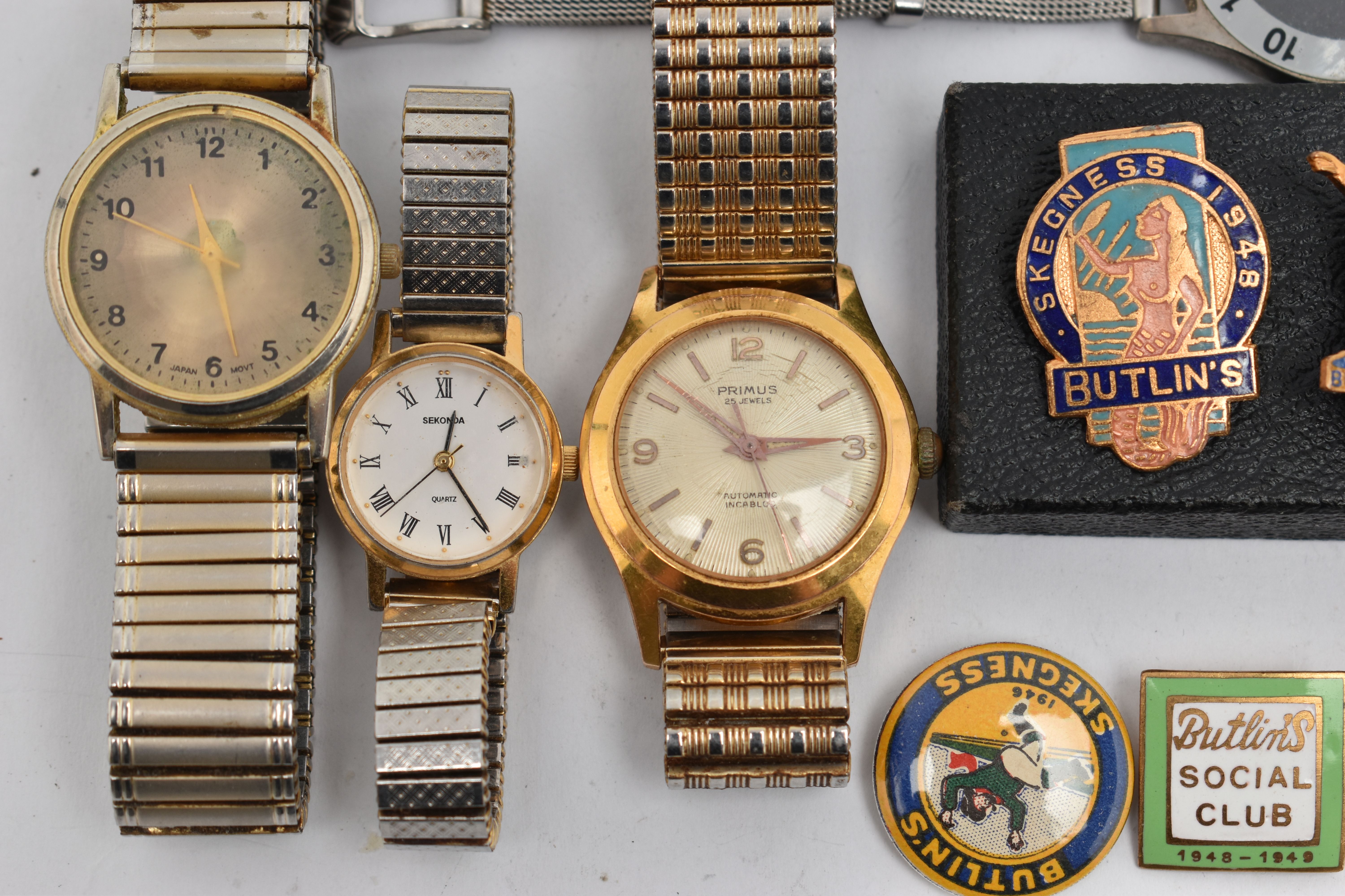 A COLLECTION OF 'BUTLINS' PINS AND ASSORTED WATCHES, eight Butlins pins and badges, dated between - Image 2 of 5