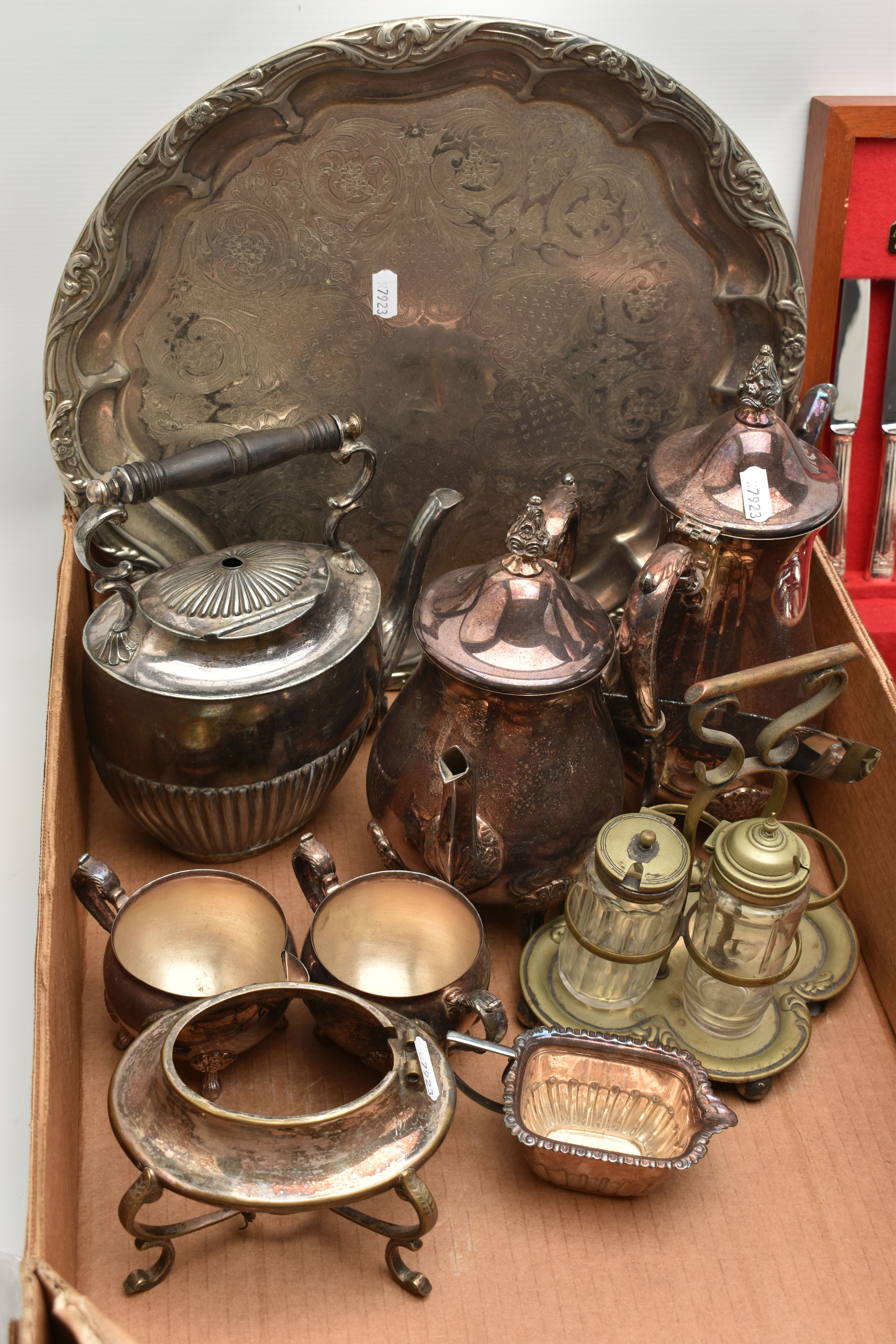 A BOX OF WHITE METAL WARE, to include a four piece silver plated tea set, comprising of a teapot, - Image 2 of 4