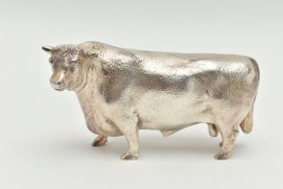 AN ELIZABETH II SILVER BULL FIGURE, textured surface, maker Albert Edward Jones, Birmingham 1978,