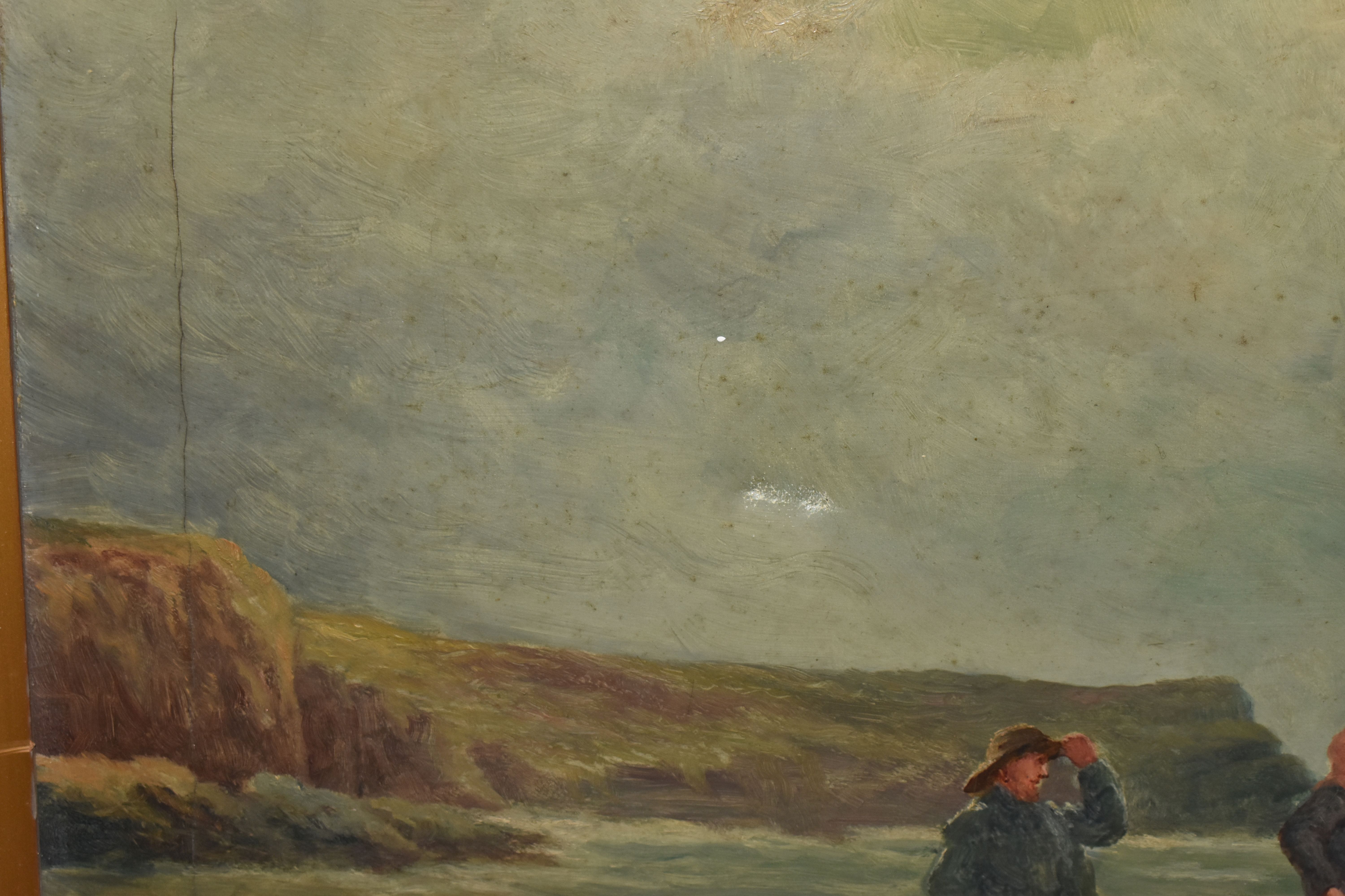 TWO UNSIGNED EARLY 20TH CENTURY COASTAL LANDSCAPES, the first depicts three figures on a beach - Image 9 of 11