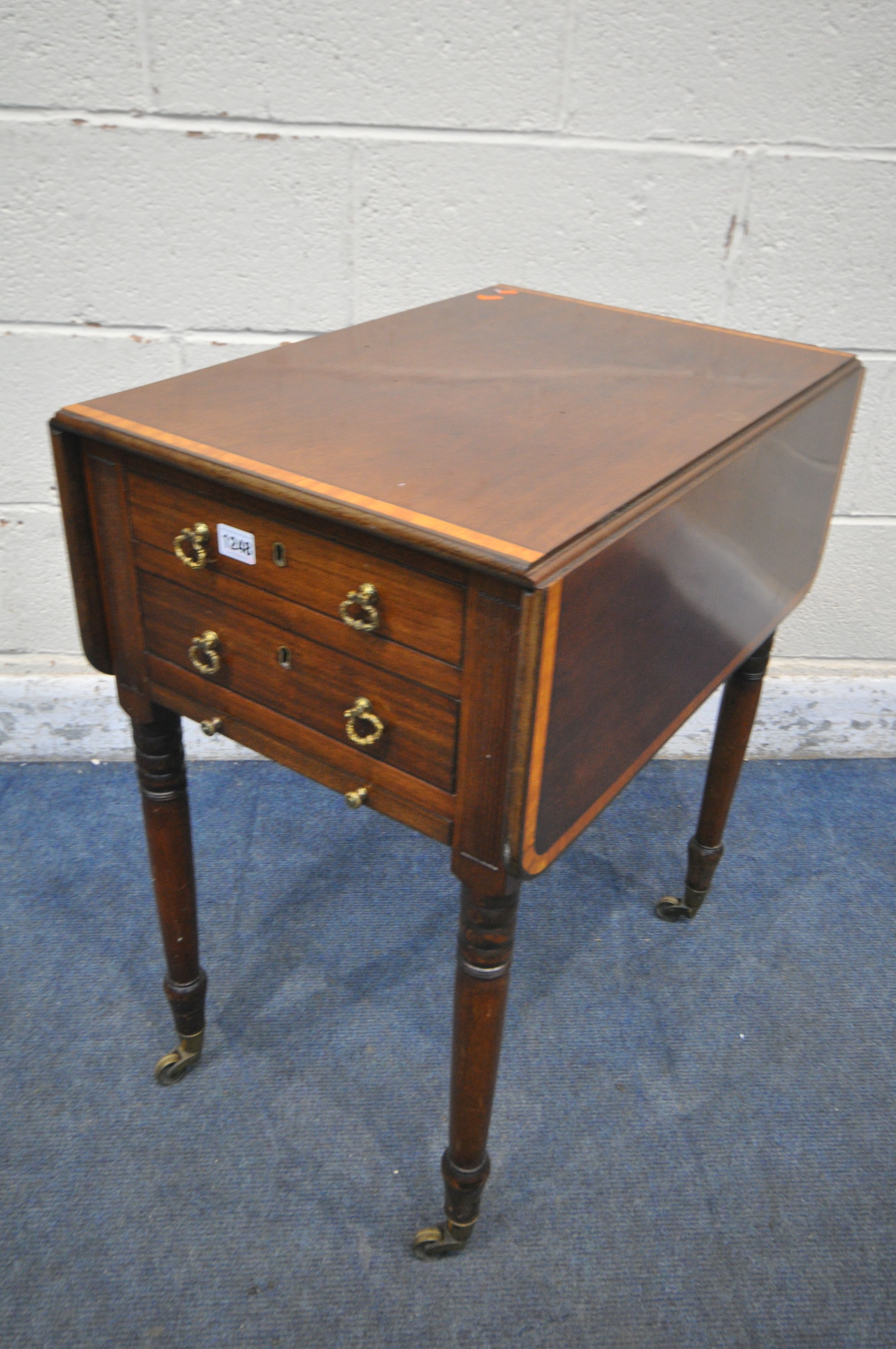 AN EDWARDIAN MAHOGANY AND CROSSBANDED DROP LEAF WORK TABLE, with two drawers, and slide, open