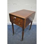 AN EDWARDIAN MAHOGANY AND CROSSBANDED DROP LEAF WORK TABLE, with two drawers, and slide, open