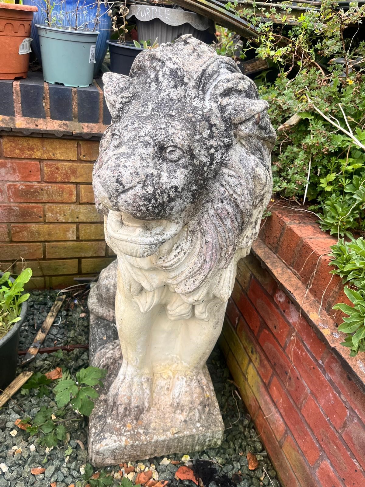 A PAIR OF WEATHERED COMPOSITE SEATED GARDEN LIONS, on a square plinth base, width 35cm x depth - Image 2 of 10