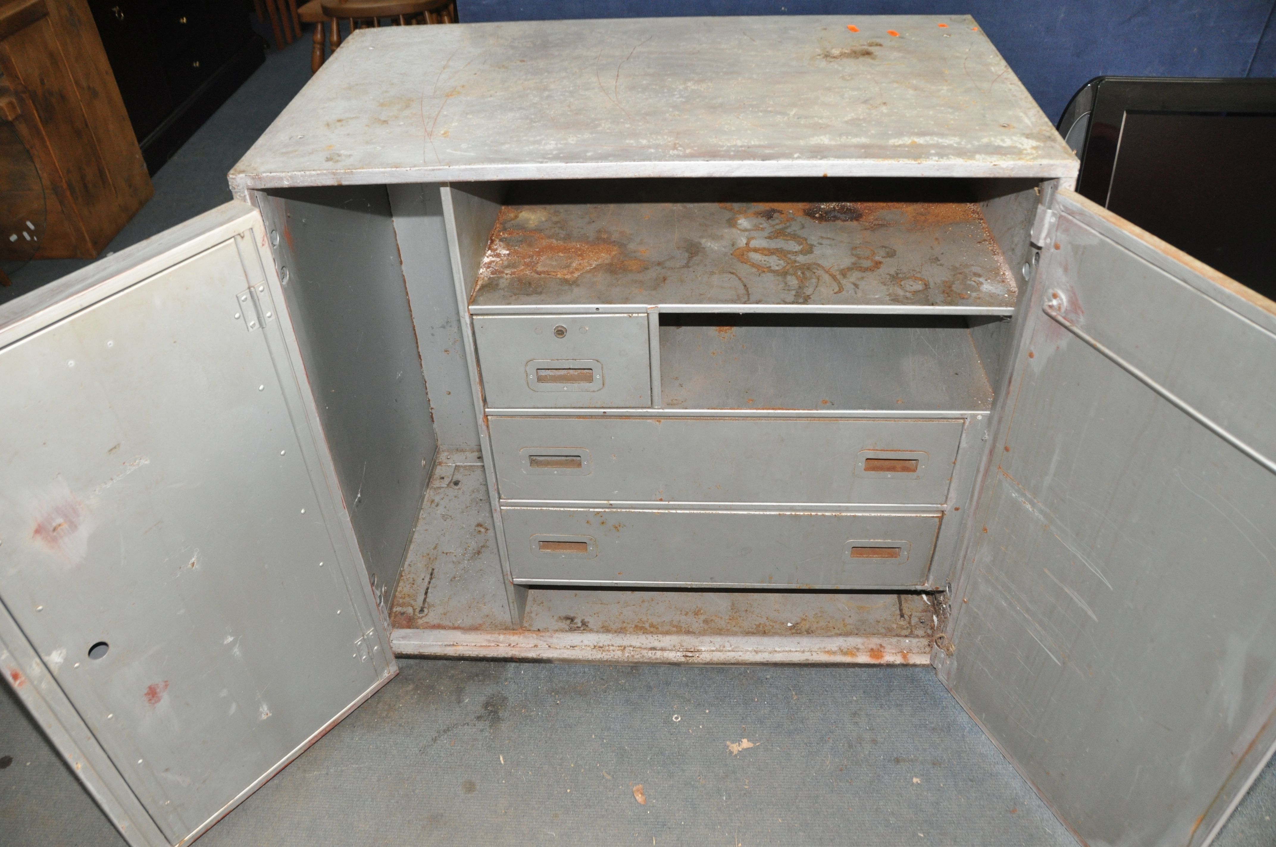 A VINTAGE STEEL WORKSHOP CABINET with two doors concealing three internal drawers and a hinged inner - Image 2 of 3