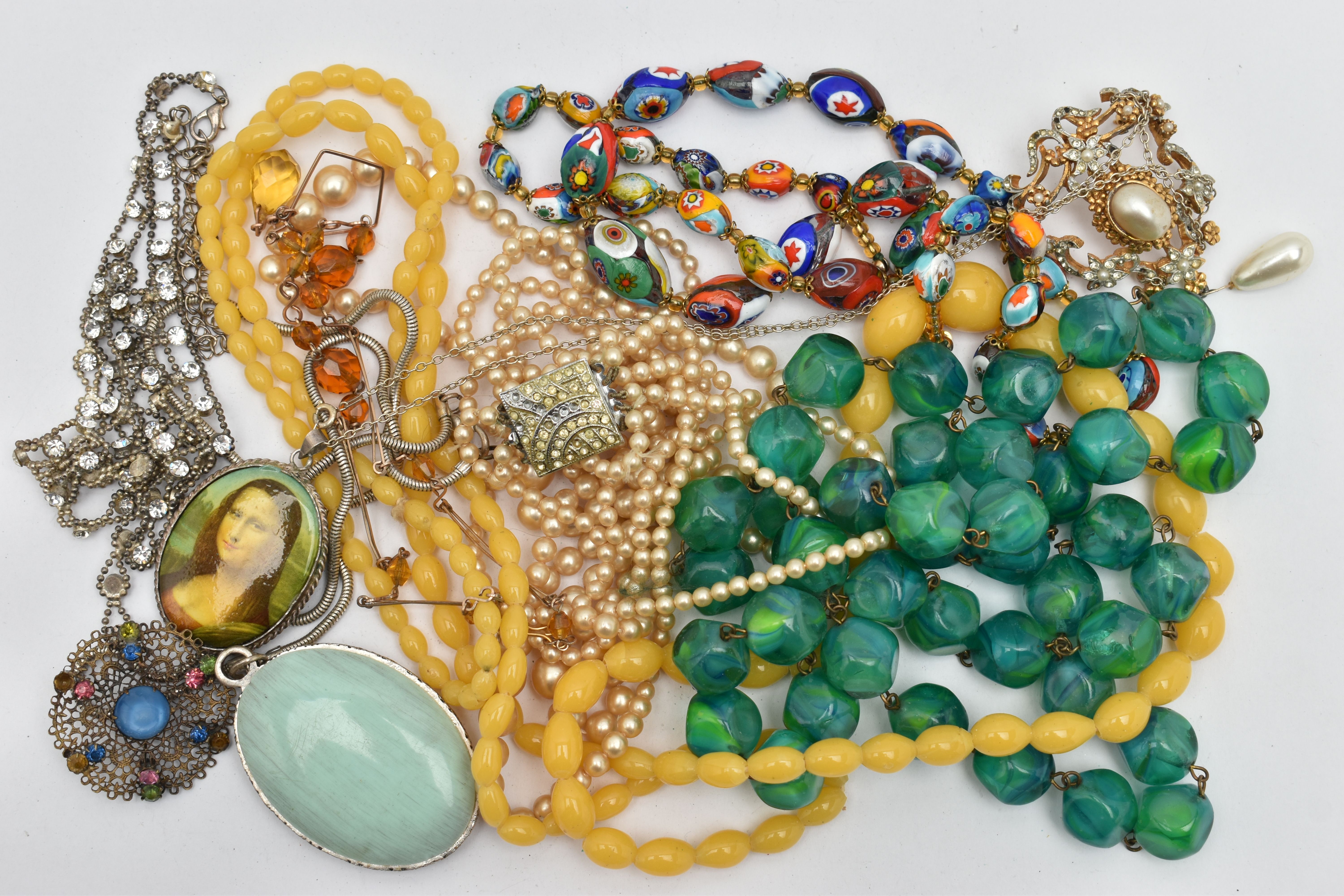 A BAG OF ASSORTED COSTUME JEWELLERY, to include a glass millefiori bead necklace, graduated oval