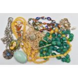 A BAG OF ASSORTED COSTUME JEWELLERY, to include a glass millefiori bead necklace, graduated oval