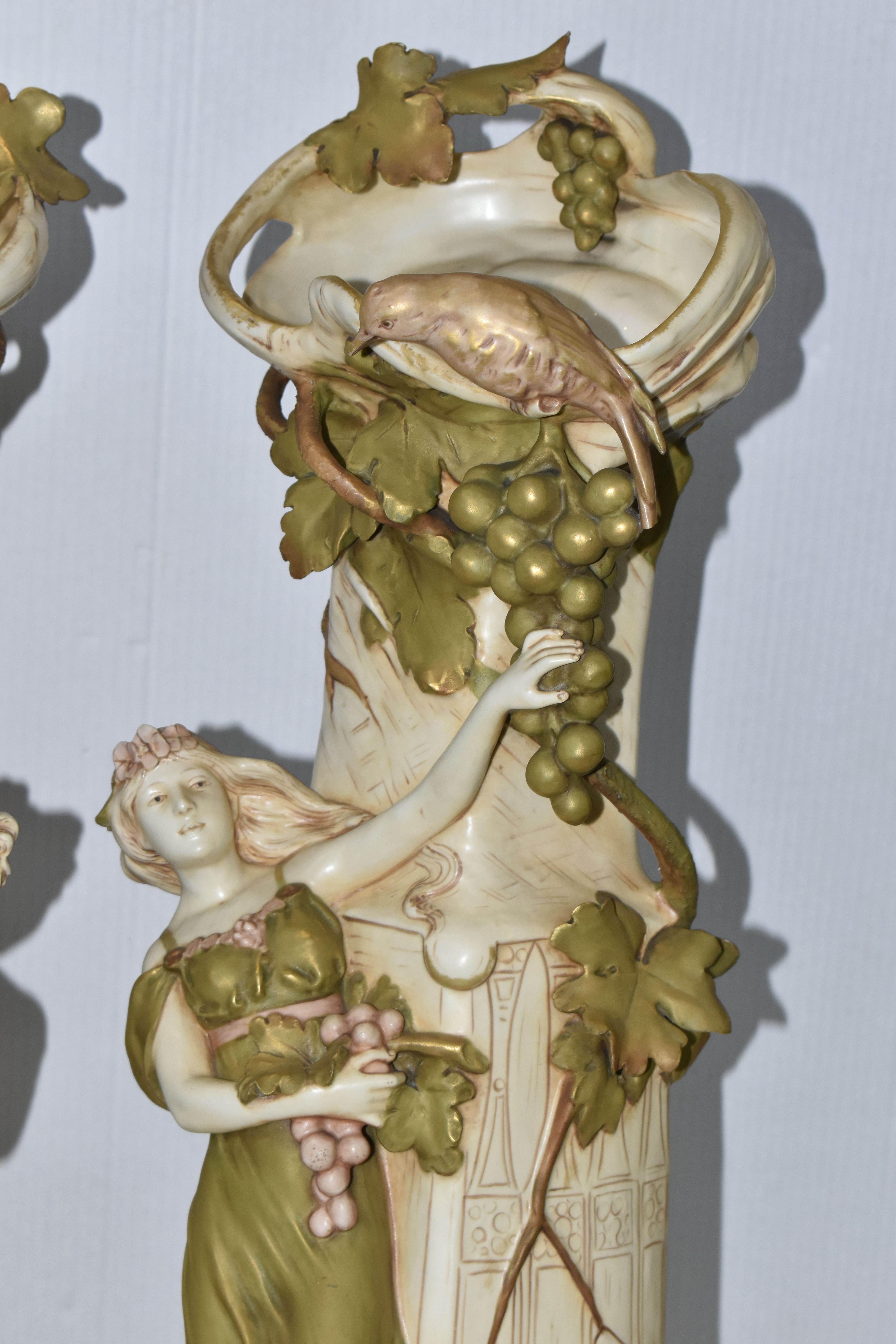 A PAIR OF ROYAL DUX ART NOUVEAU FIGURAL VASES, each modelled with a scrolling neck with fruiting - Image 3 of 21