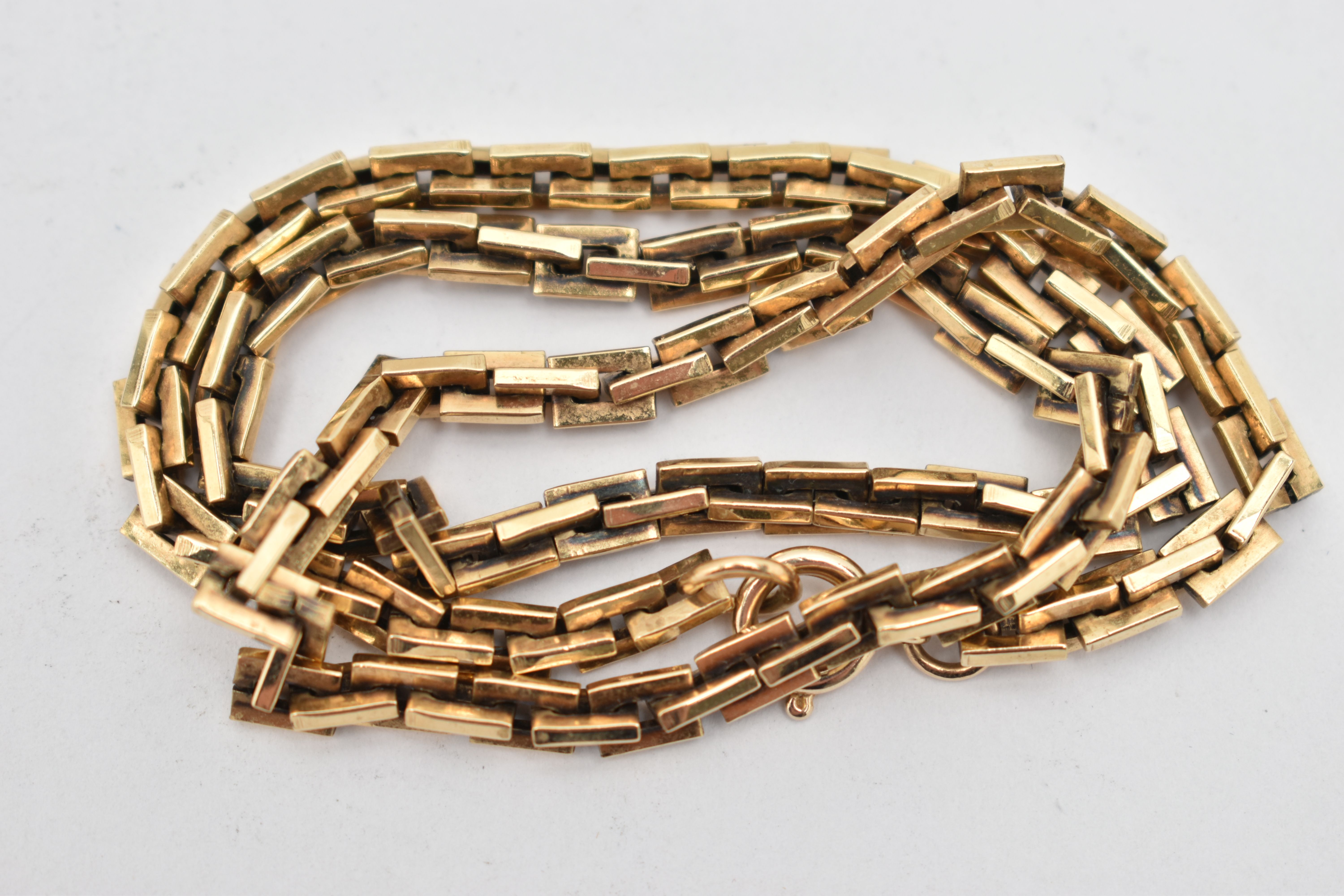 A 9CT GOLD FANCY LINK CHAIN, a rectangular link chain, fitted with a spring clasp, approximate - Image 2 of 2