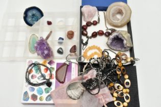 A SELECTION OF GEMSTONE SPECIMENS, to include an amethyst geode, an amethyst crystal specimen, a